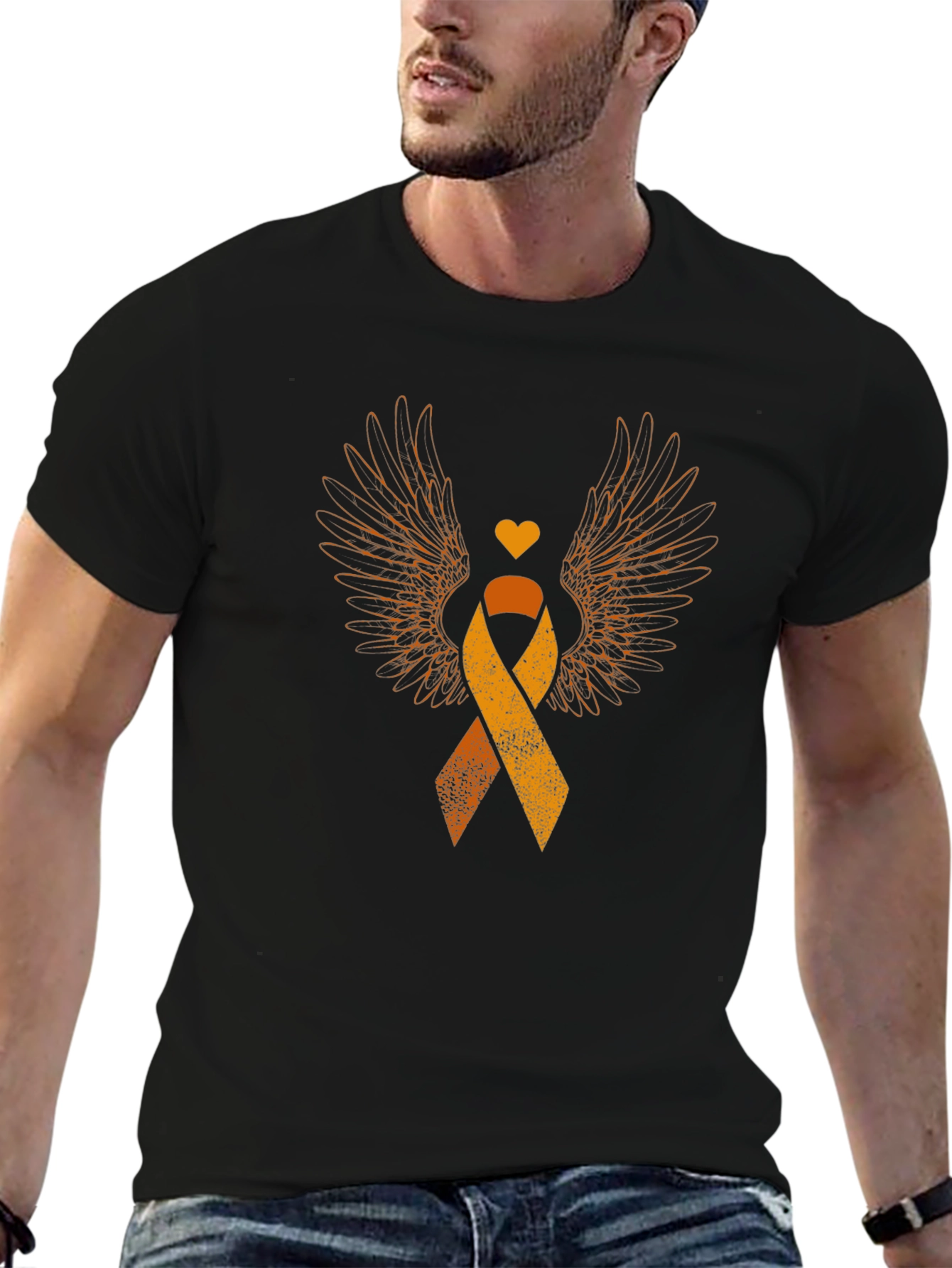 Black Orange Ribbon Wings Awareness T-Shirt view 6