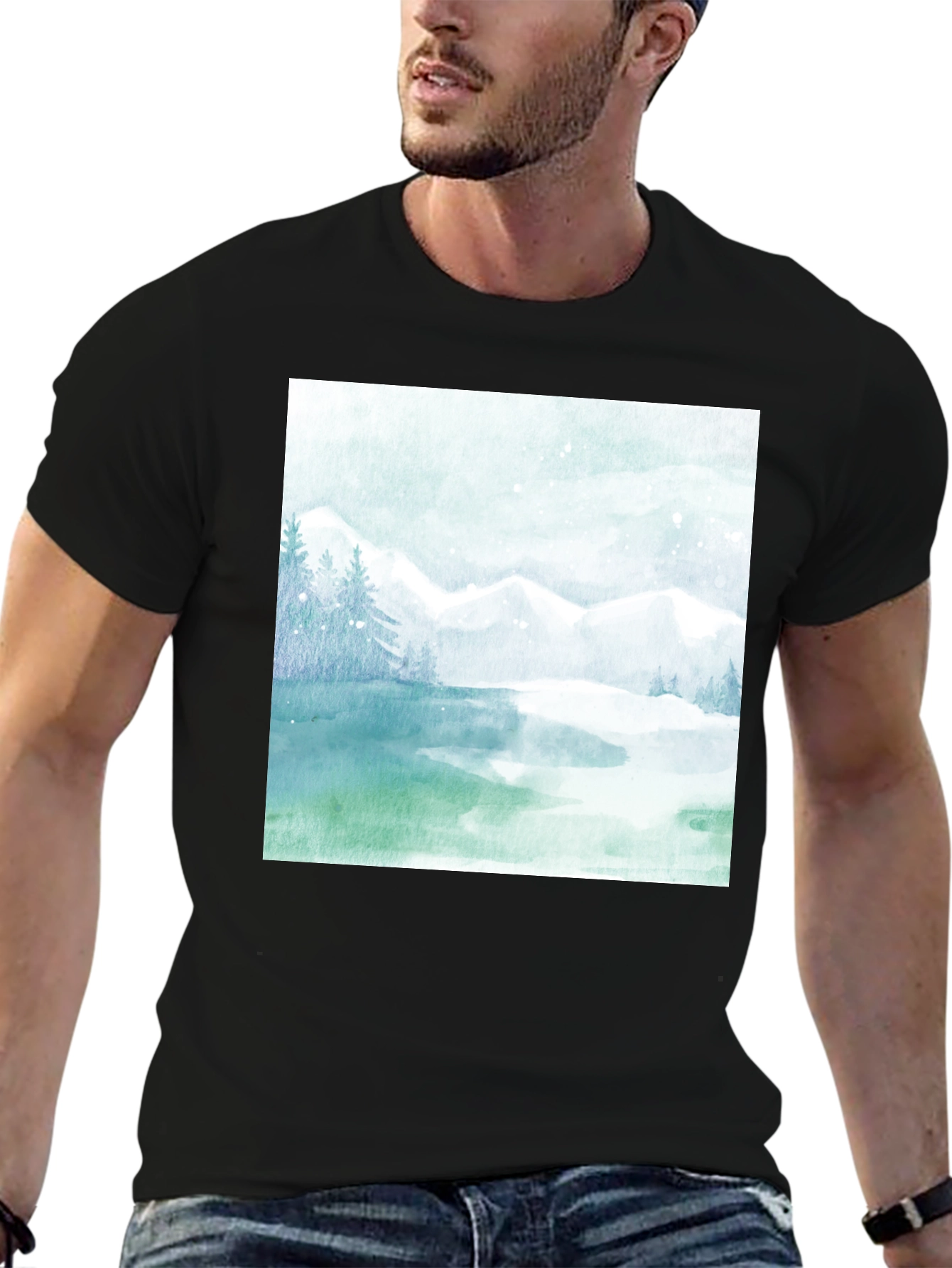 Black Watercolor Mountain Lake Graphic Tee view 6