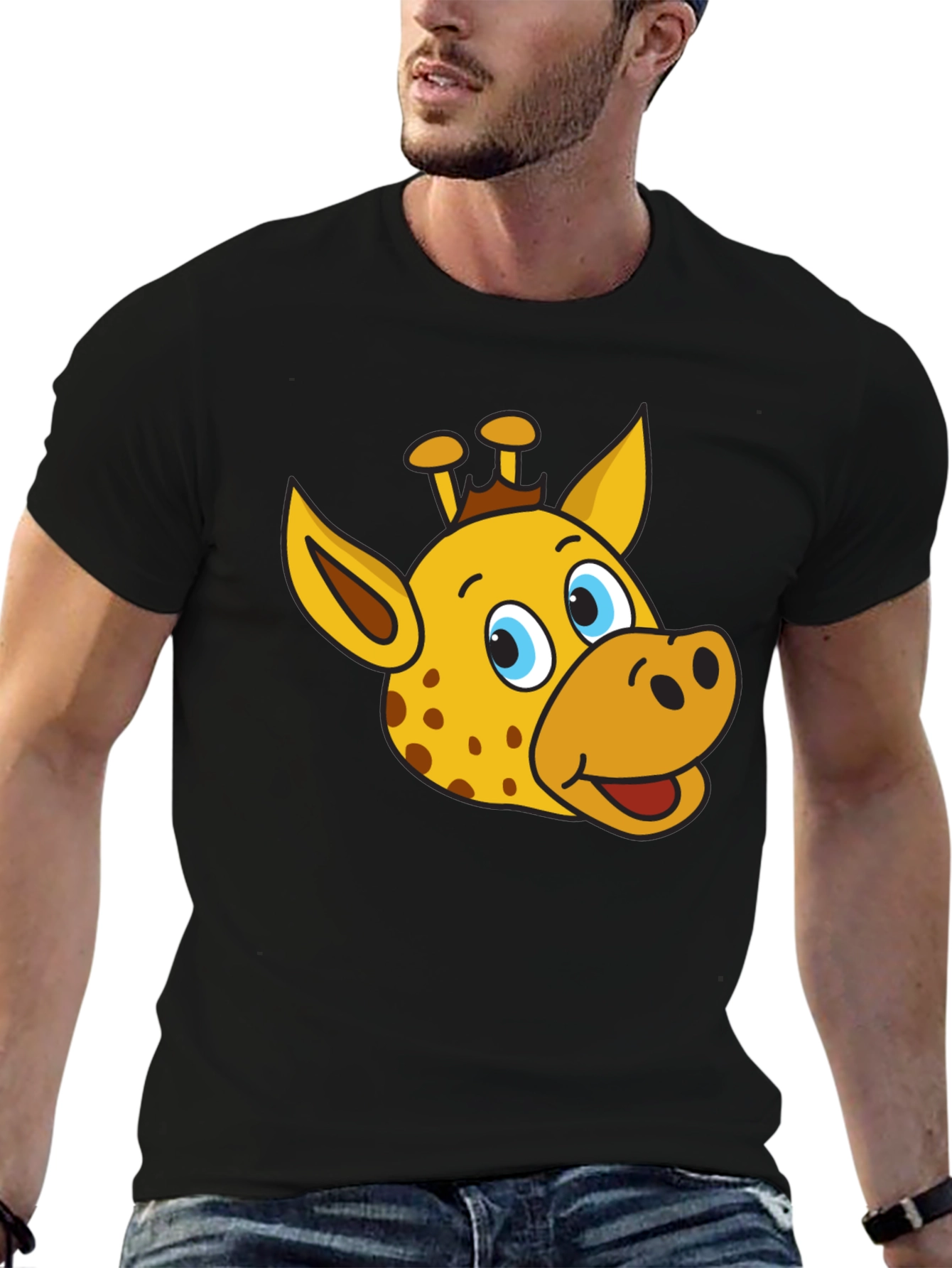 Black Giraffe Cartoon Graphic Tee - Black T-Shirt view 6