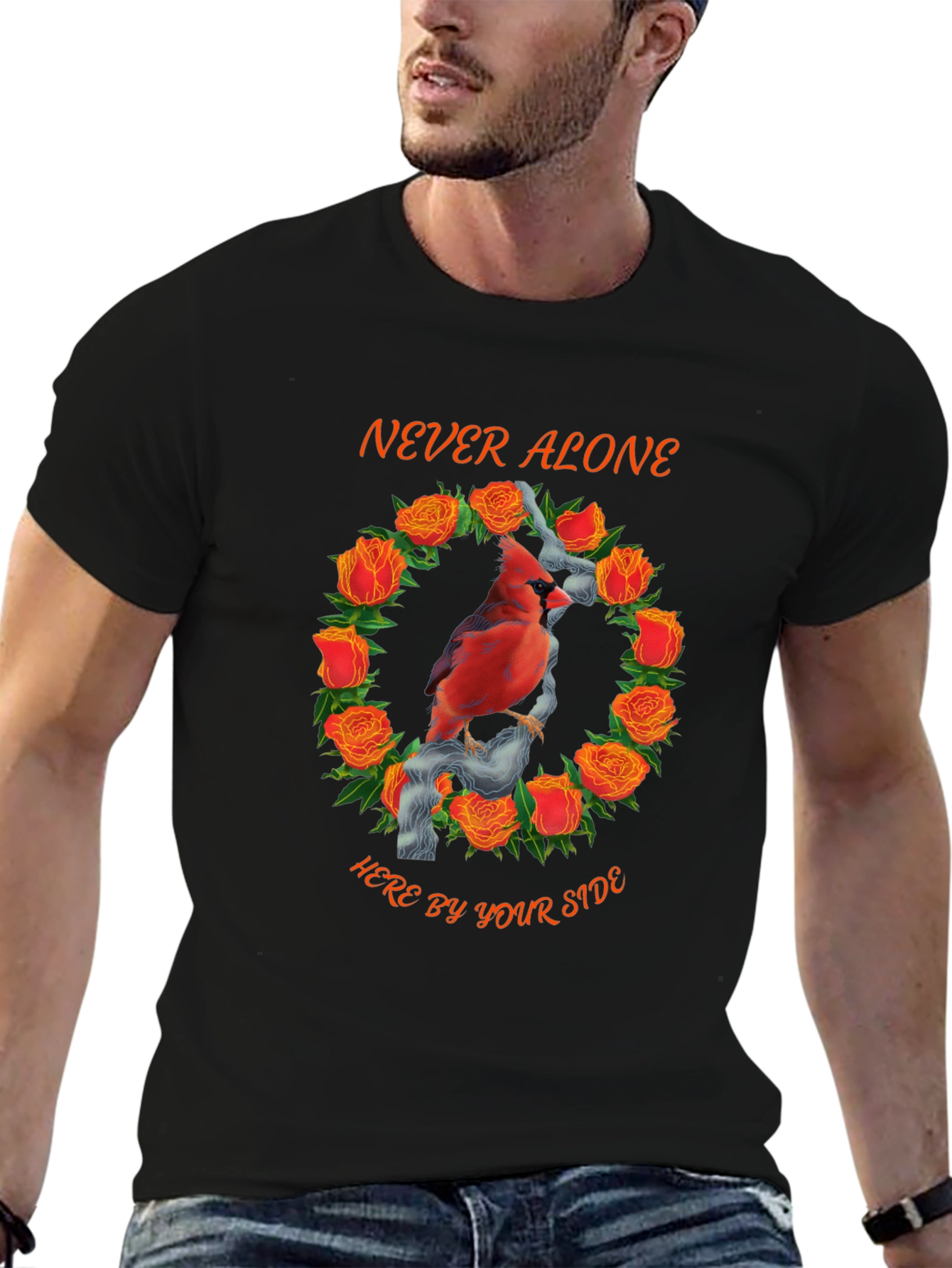 Black Cardinal Rose Wreath Graphic Tee - Never Alone view 6