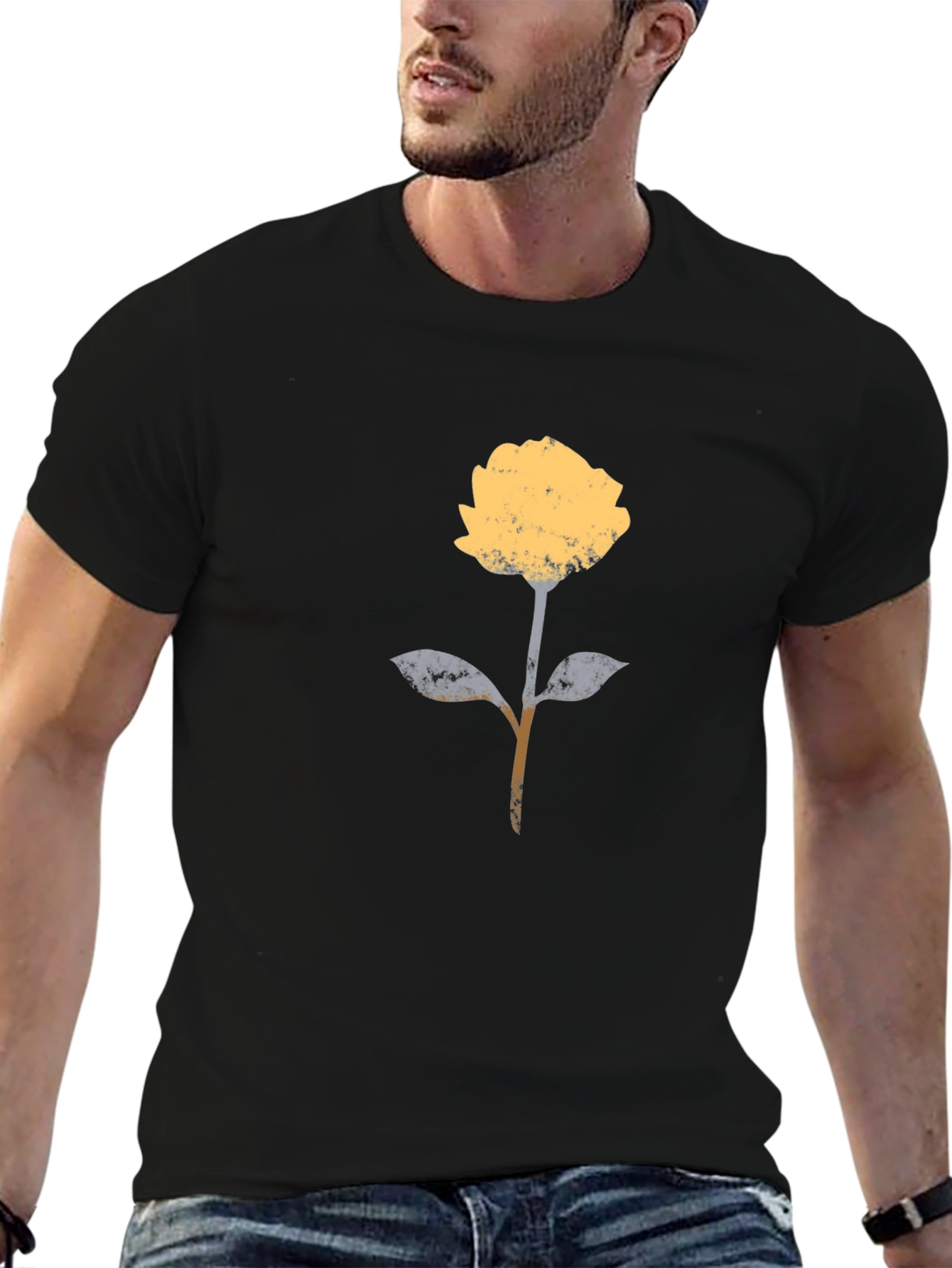 Black Modern Floral Graphic T-Shirt - Black Cotton Blend view 6