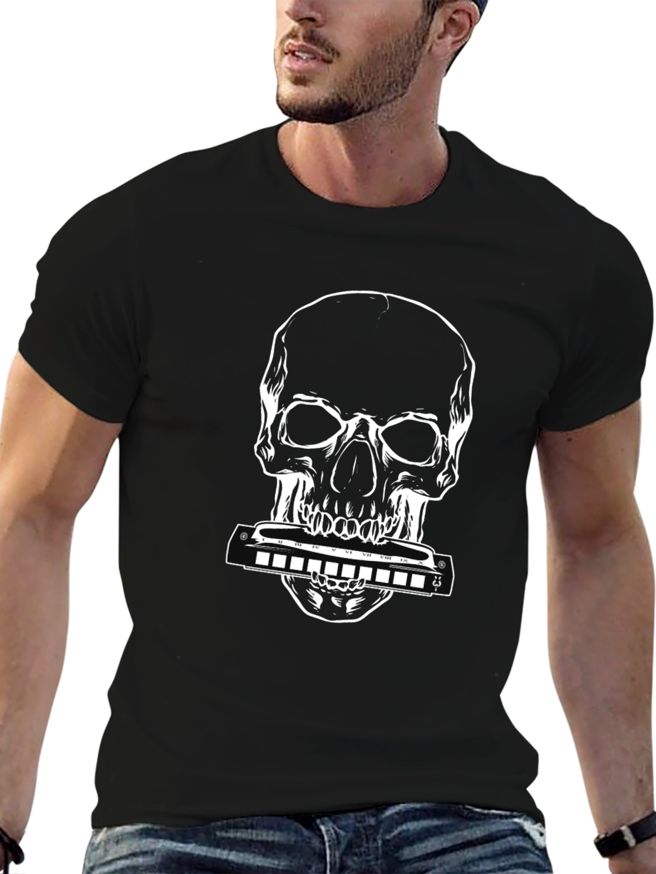 Skull Harmonica Graphic Tee - Black Cotton - 6