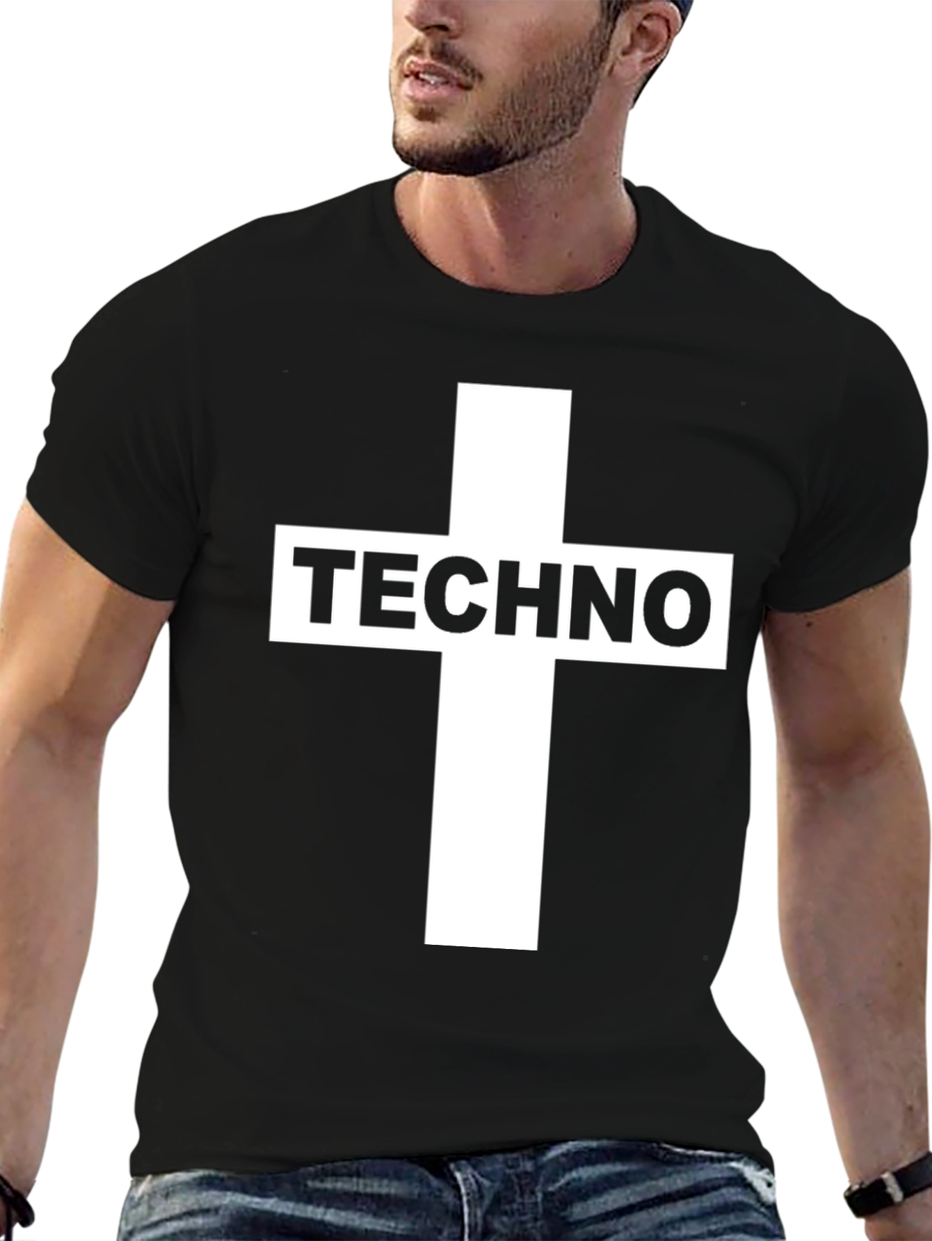 Black Techno Cross Graphic T-Shirt - Black Crew Neck Tee view 6