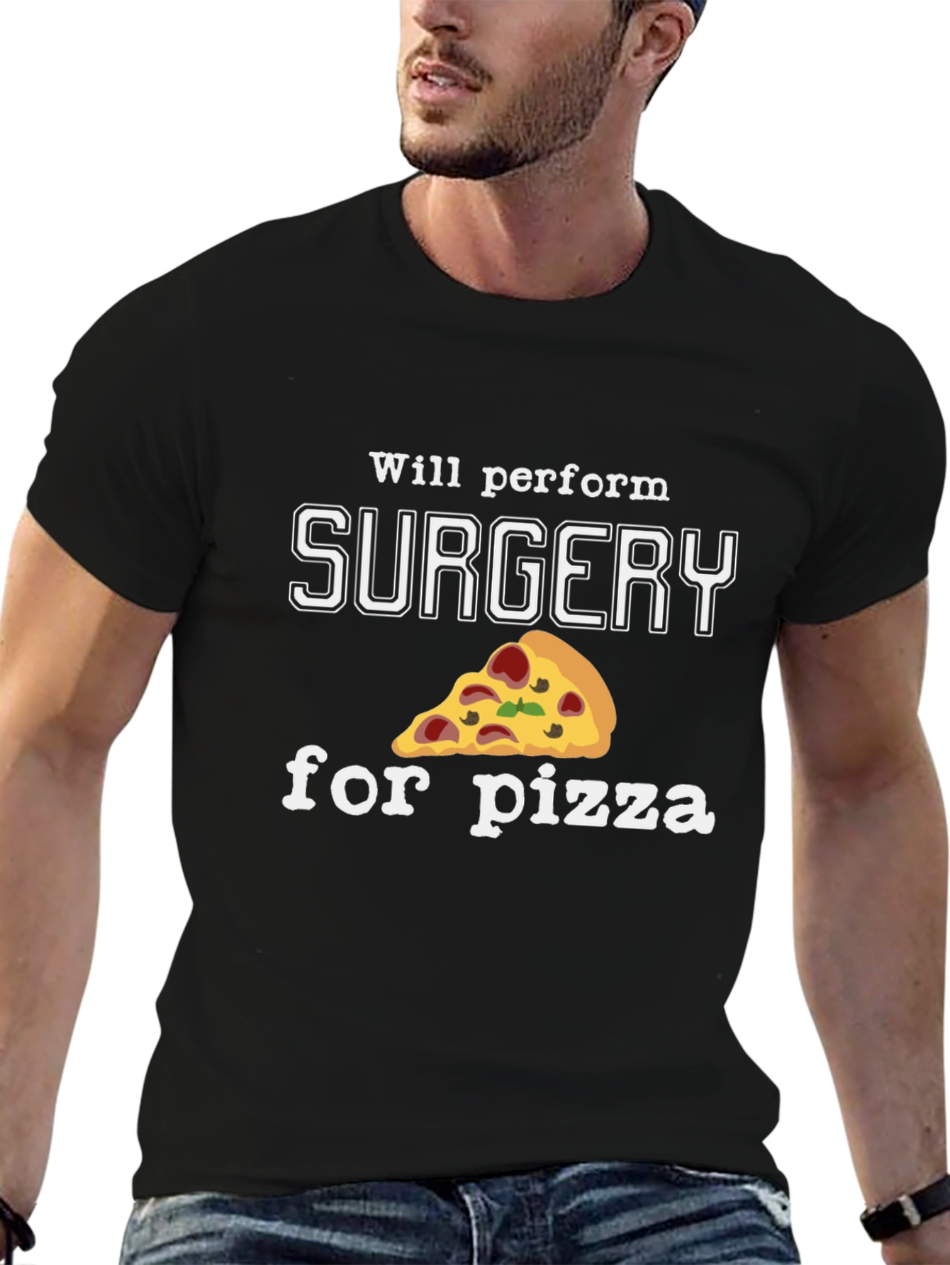 Black Funny Will Perform Surgery For Pizza Black T-Shirt view 6