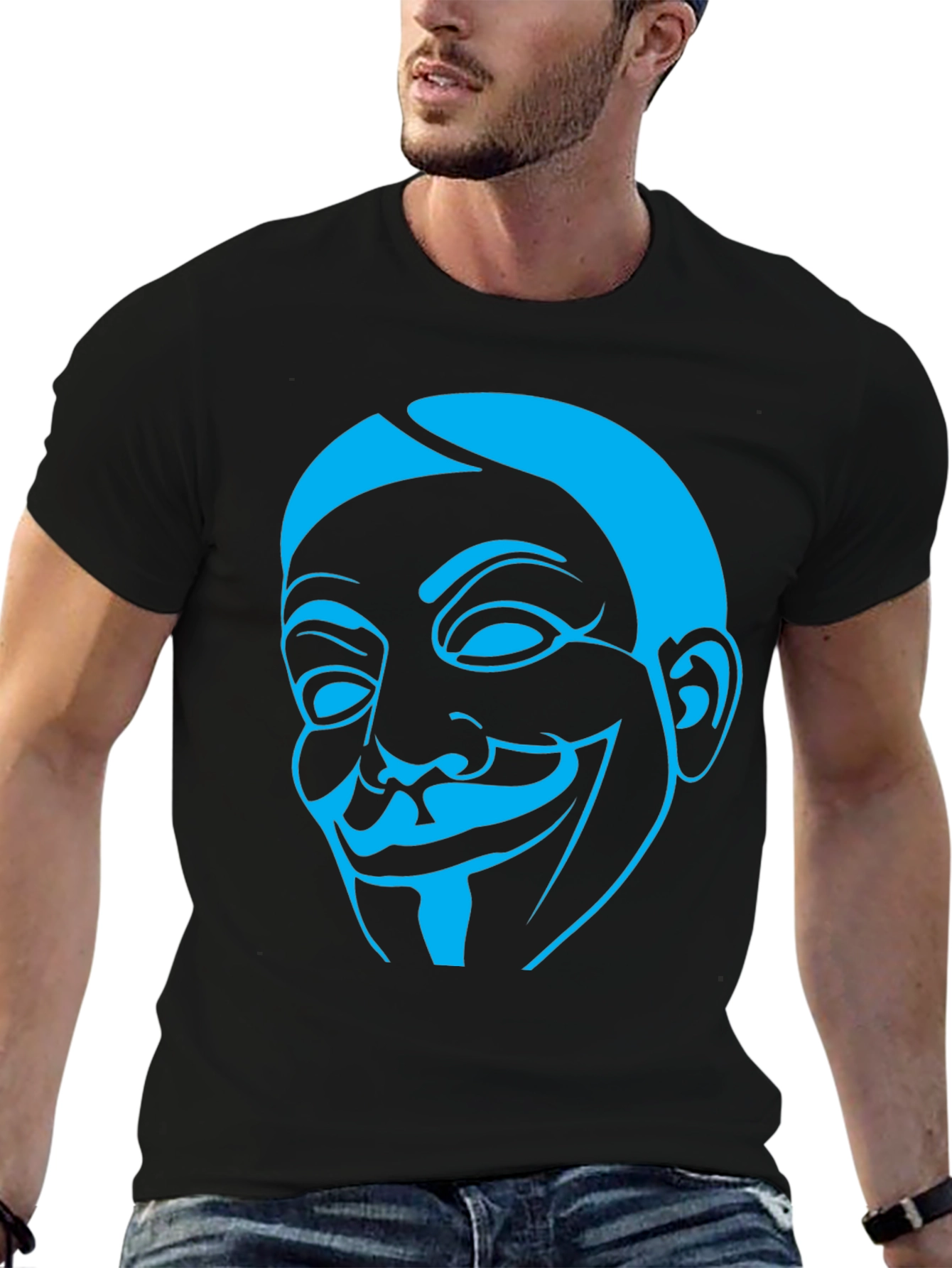 Black Guy Fawkes Mask Graphic Tee - Black Cotton Shirt view 6