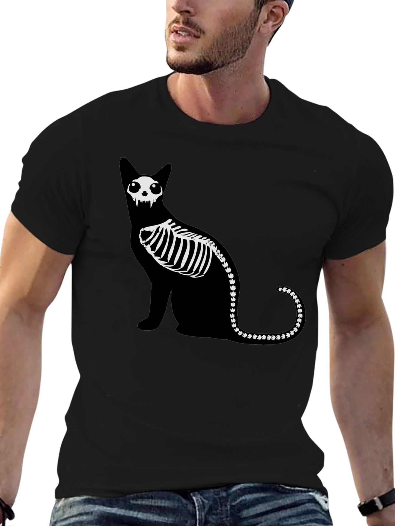 Black Skeleton Cat Graphic Tee - Black Cotton Shirt view 6