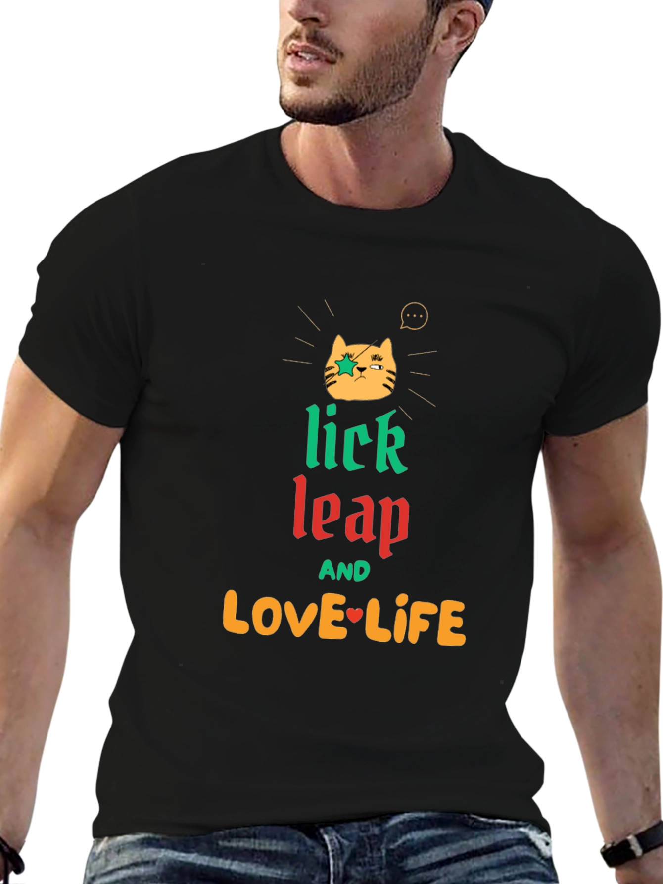 Black Lick Leap Love Life Cat Graphic Tee - Black view 6