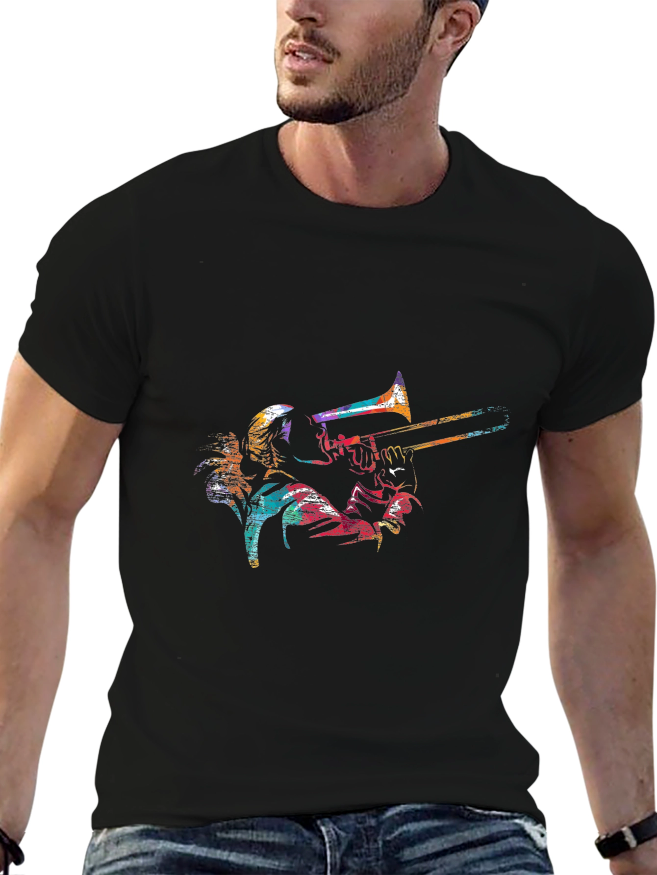 Black Colorful Trombone Player Graphic Black Tee view 6