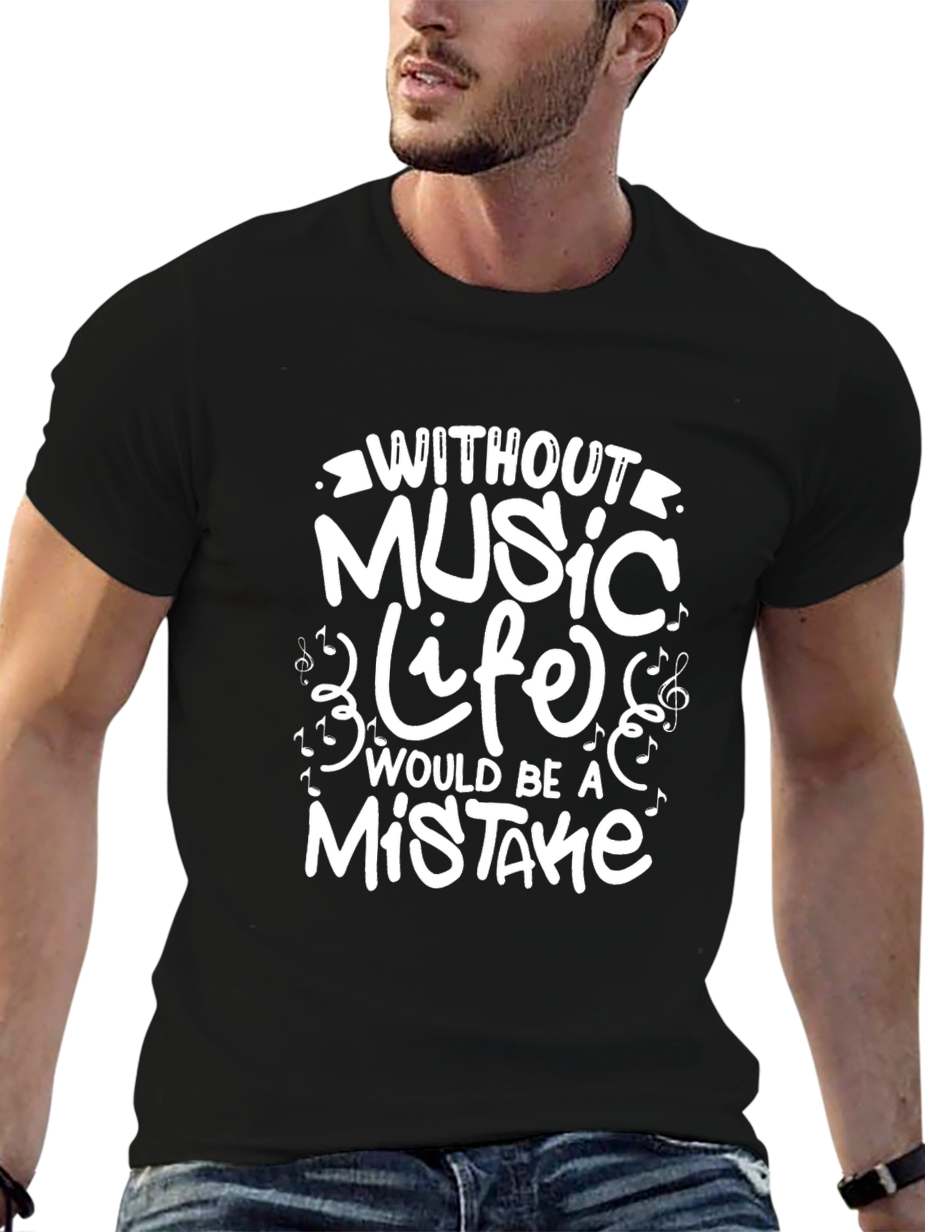 Black Music Lover's Black Graphic T-Shirt - Without Music, Life Would Be a Mistake view 6