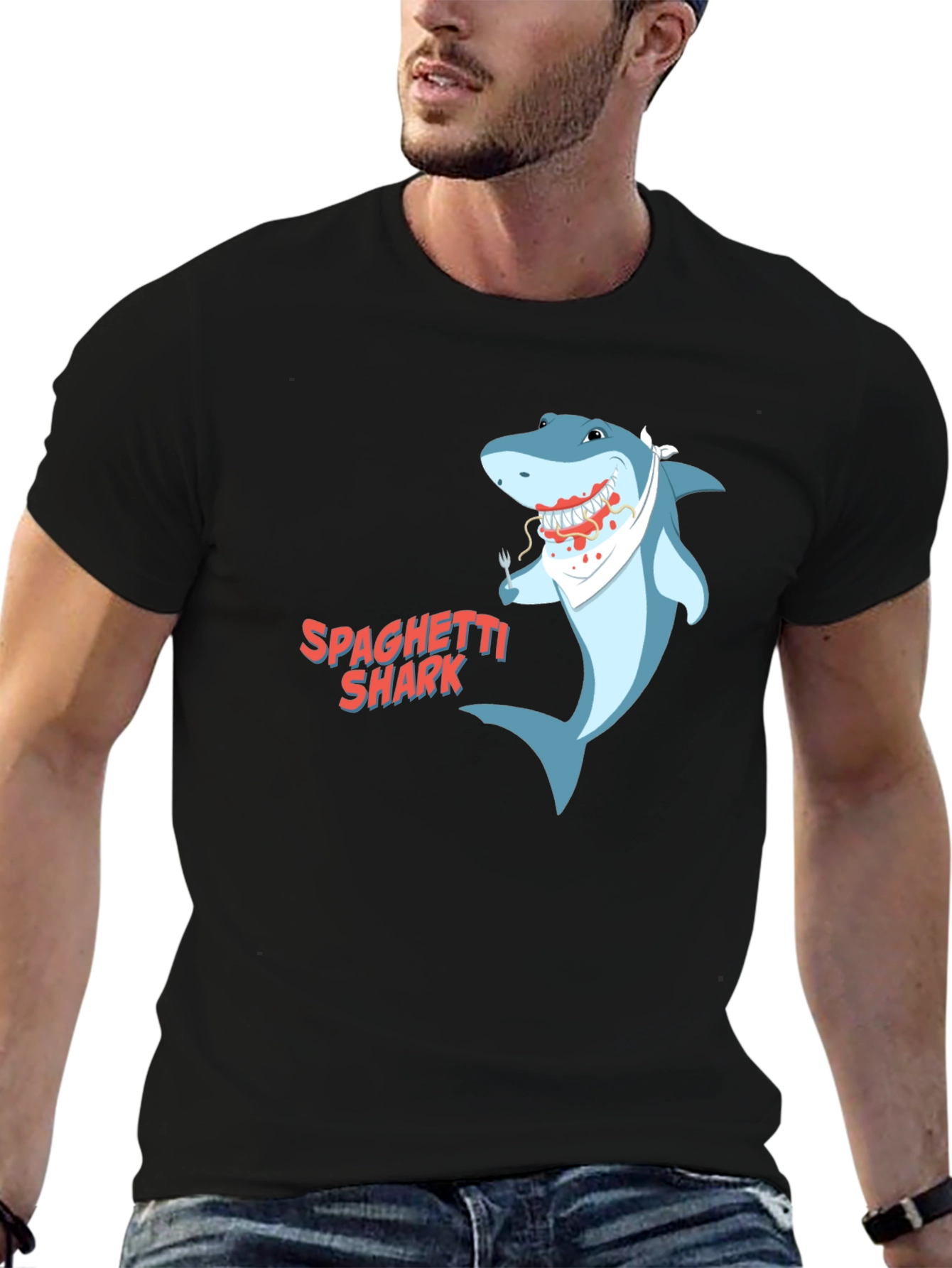 Black Spaghetti Shark Graphic Tee - Funny Cartoon Shirt view 6