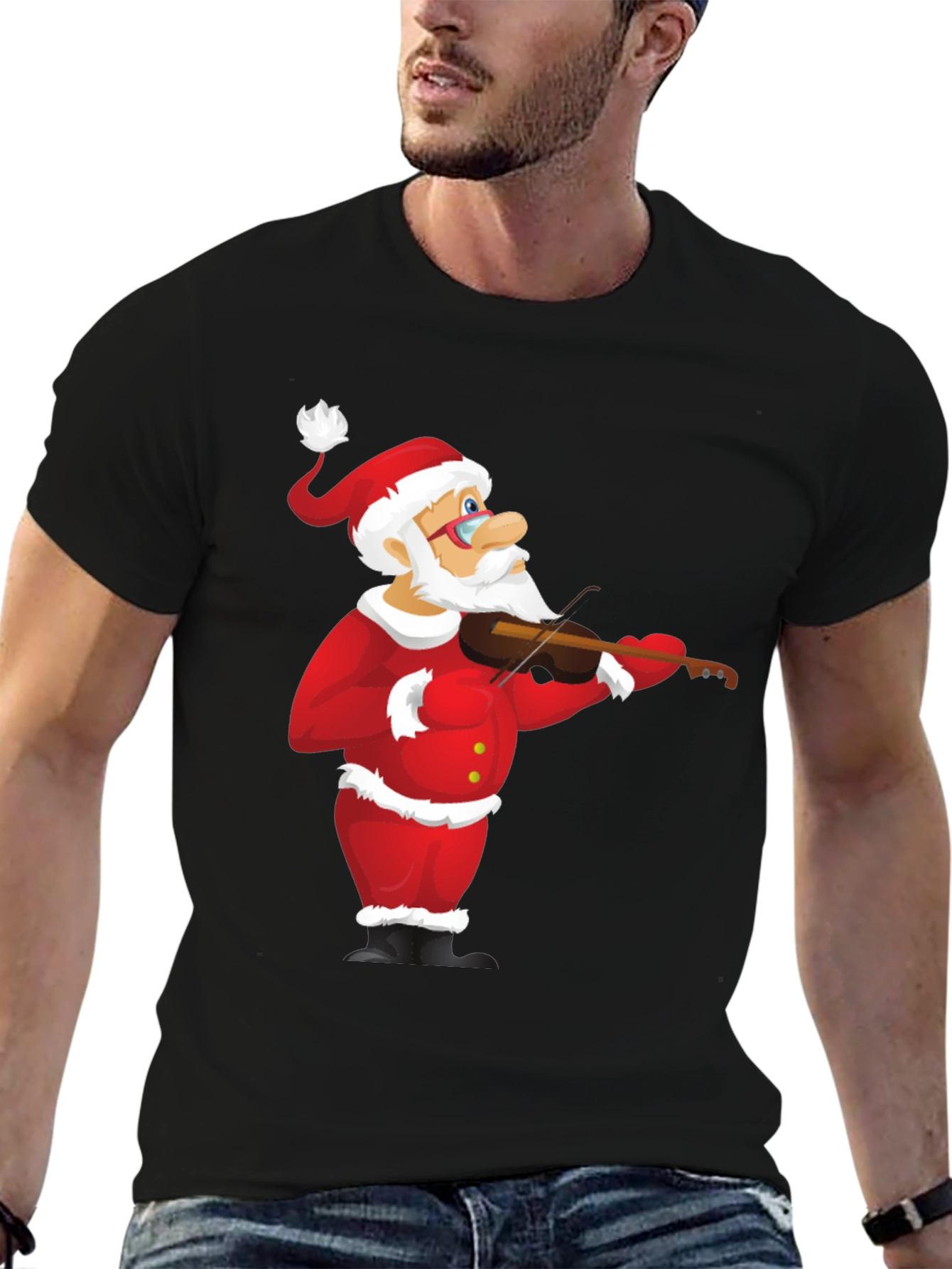 Black Santa Claus Violinist Black T-Shirt view 6