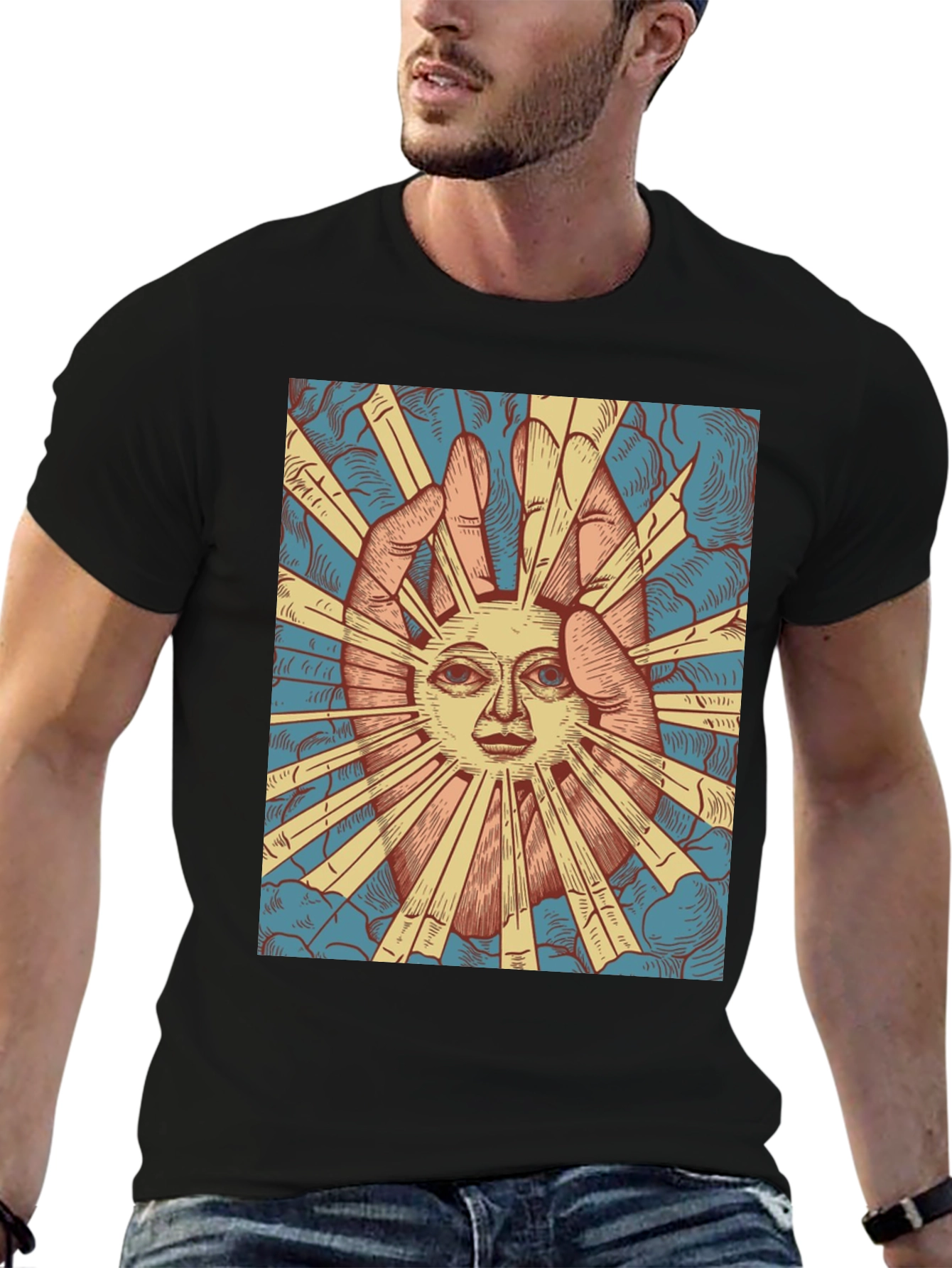 Black Mystic Sun Graphic Tee - Unique Hand Drawn Design view 6