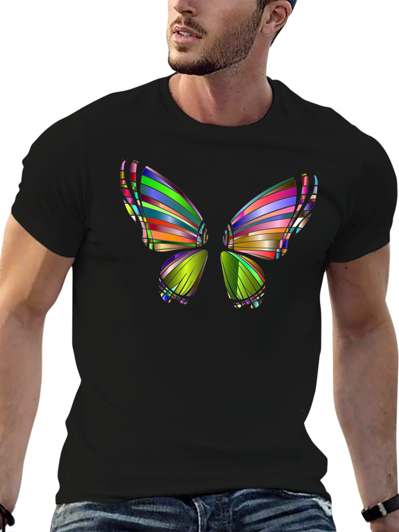 Black Colorful Butterfly Graphic Black T-Shirt view 6