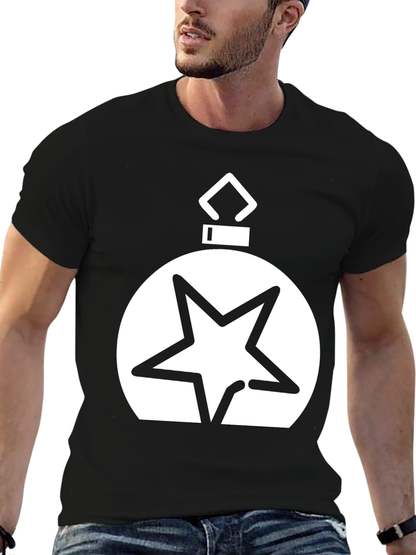 Black Festive Star Ornament Graphic Tee - Black Cotton Blend view 6