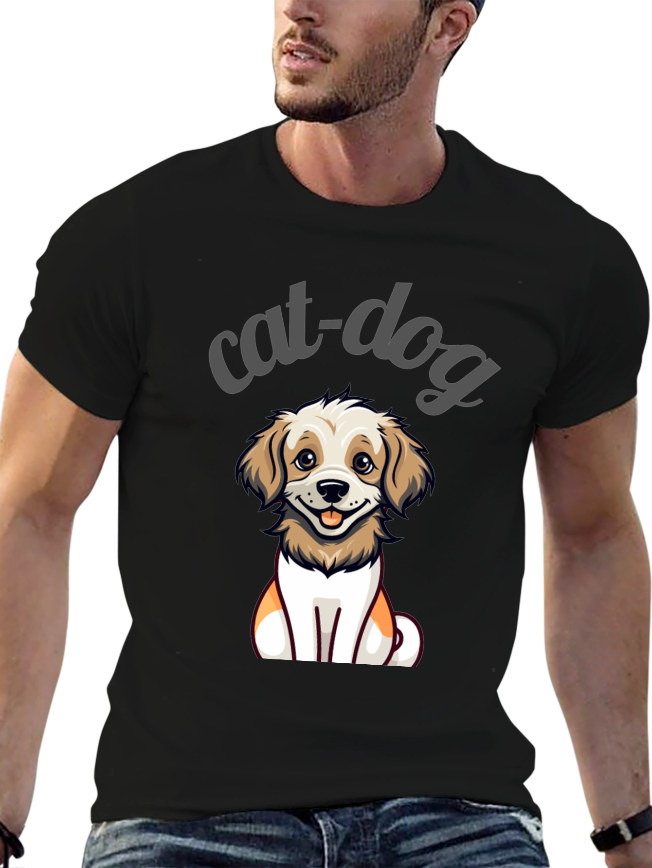 Black Cute Cat-Dog Cartoon Graphic Tee - Unisex Black T-Shirt view 6