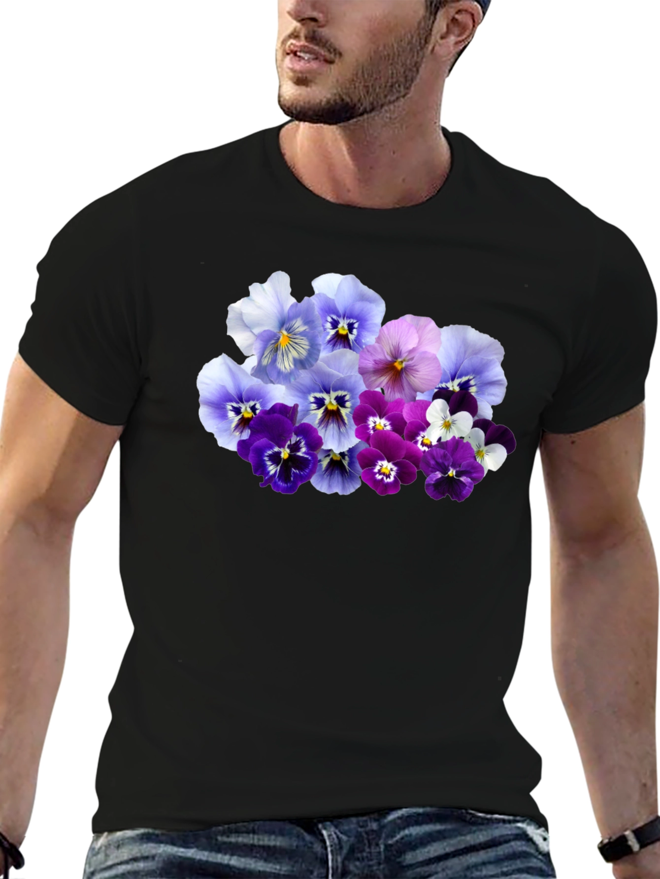 Black Floral Pansy Print Black T-Shirt view 6