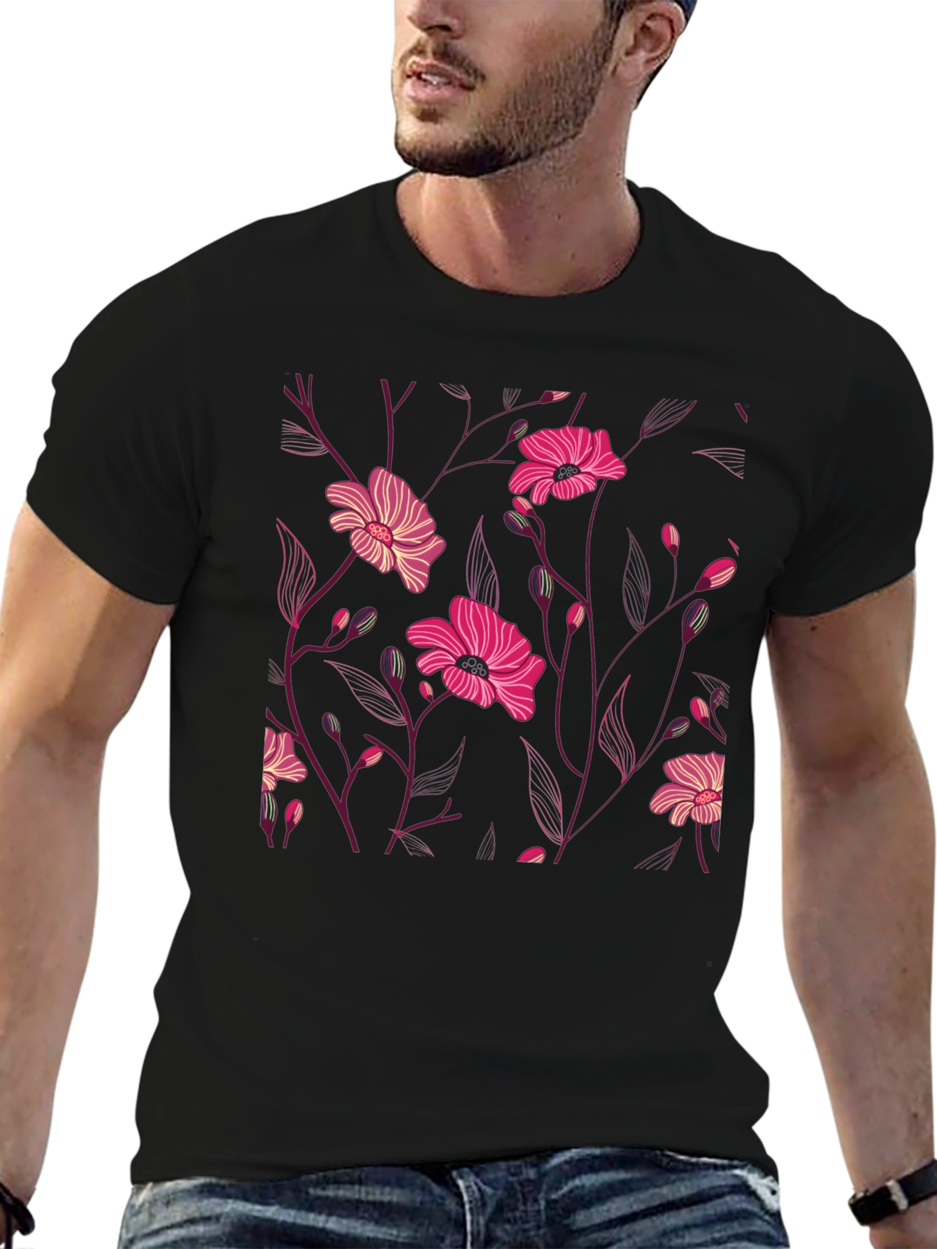 Black Floral Print Black T-Shirt view 6