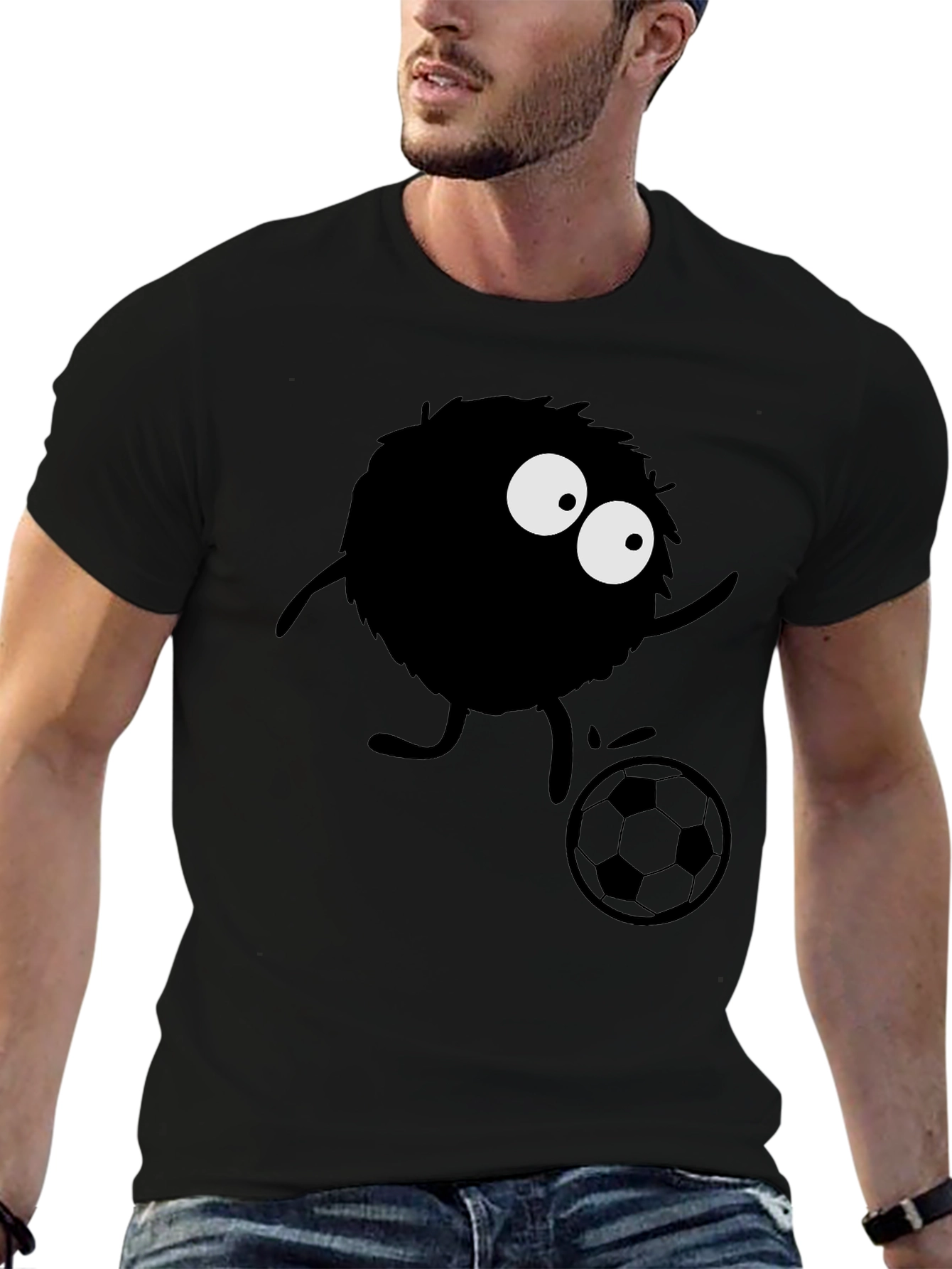 Black Fuzzy Monster Soccer T-Shirt - Black Cotton Tee view 6
