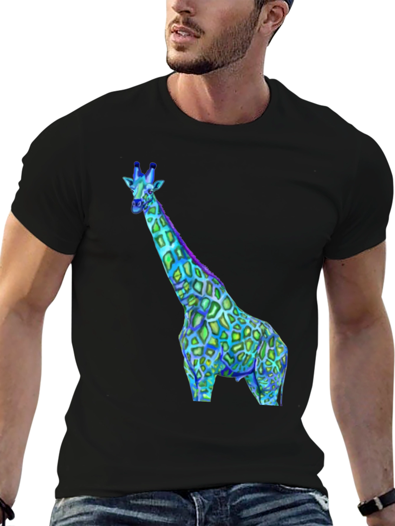 Black Neon Giraffe Graphic Tee - Black Crewneck Shirt view 6