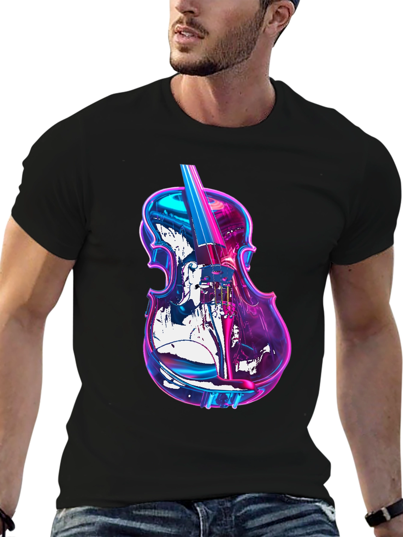 Black Vibrant Neon Violin Graphic Black T-Shirt view 6