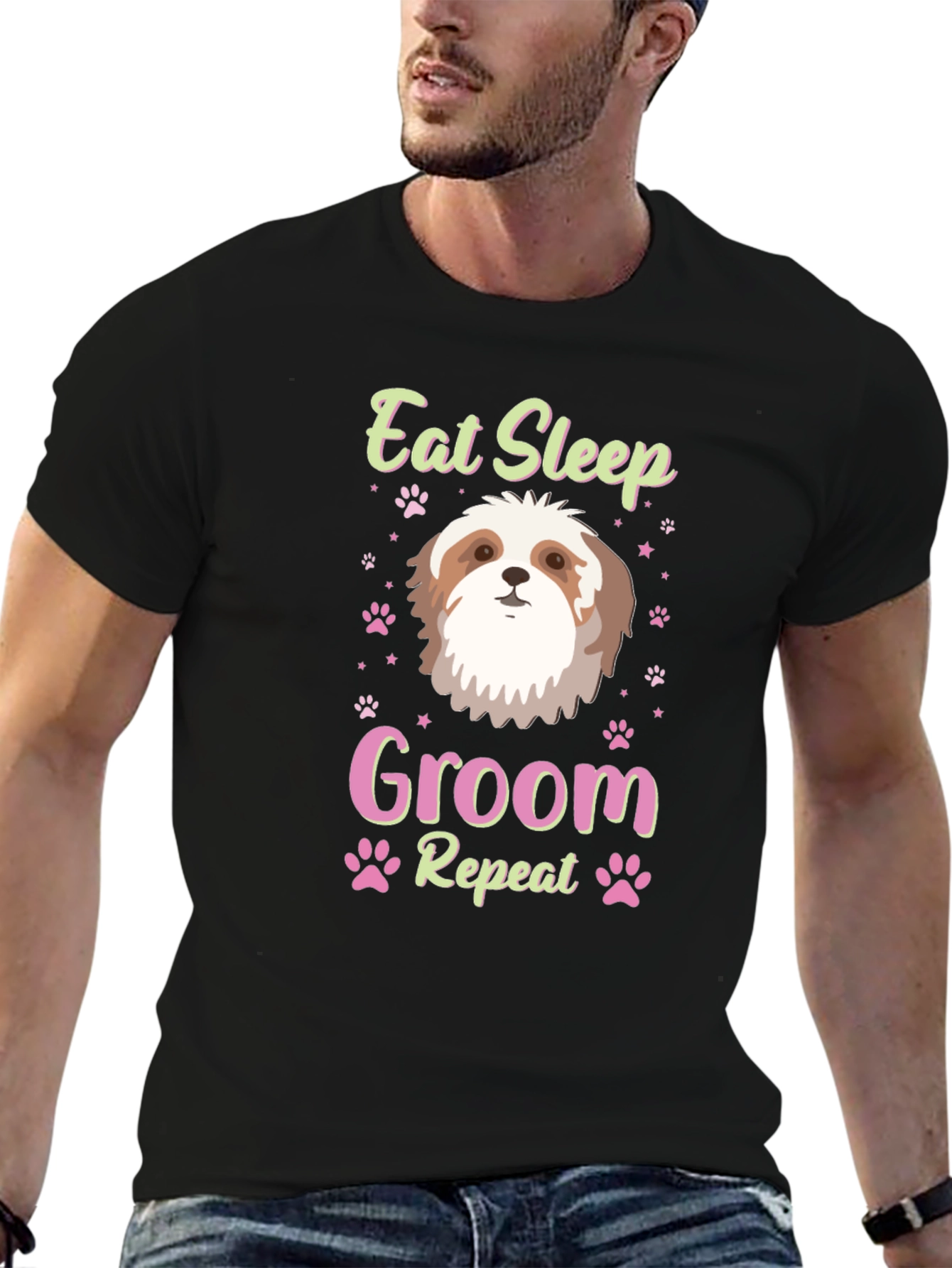 Black Eat Sleep Groom Shih Tzu Dog Lover T-Shirt view 6