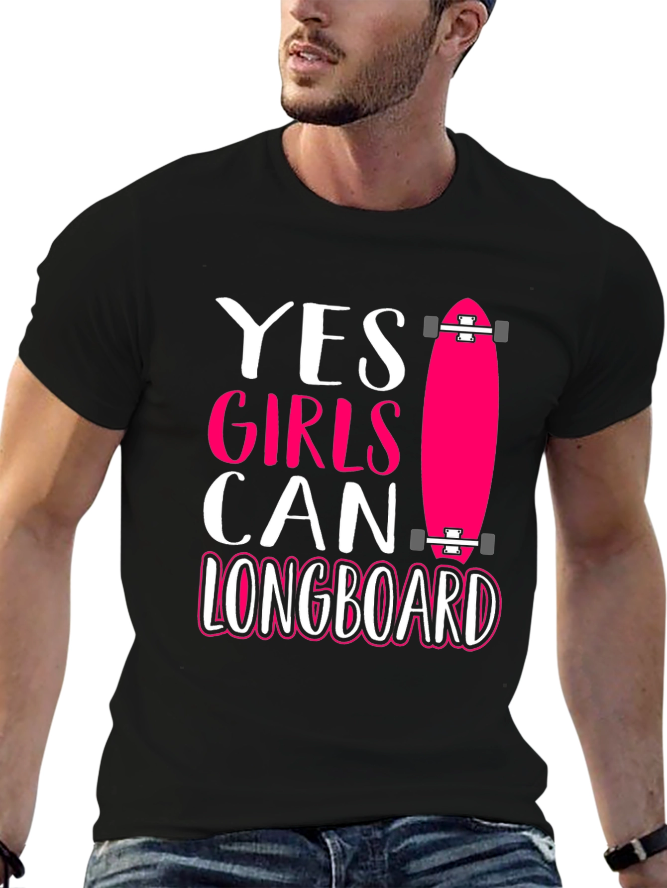 Black Yes Girls Can Longboard Graphic Tee view 6