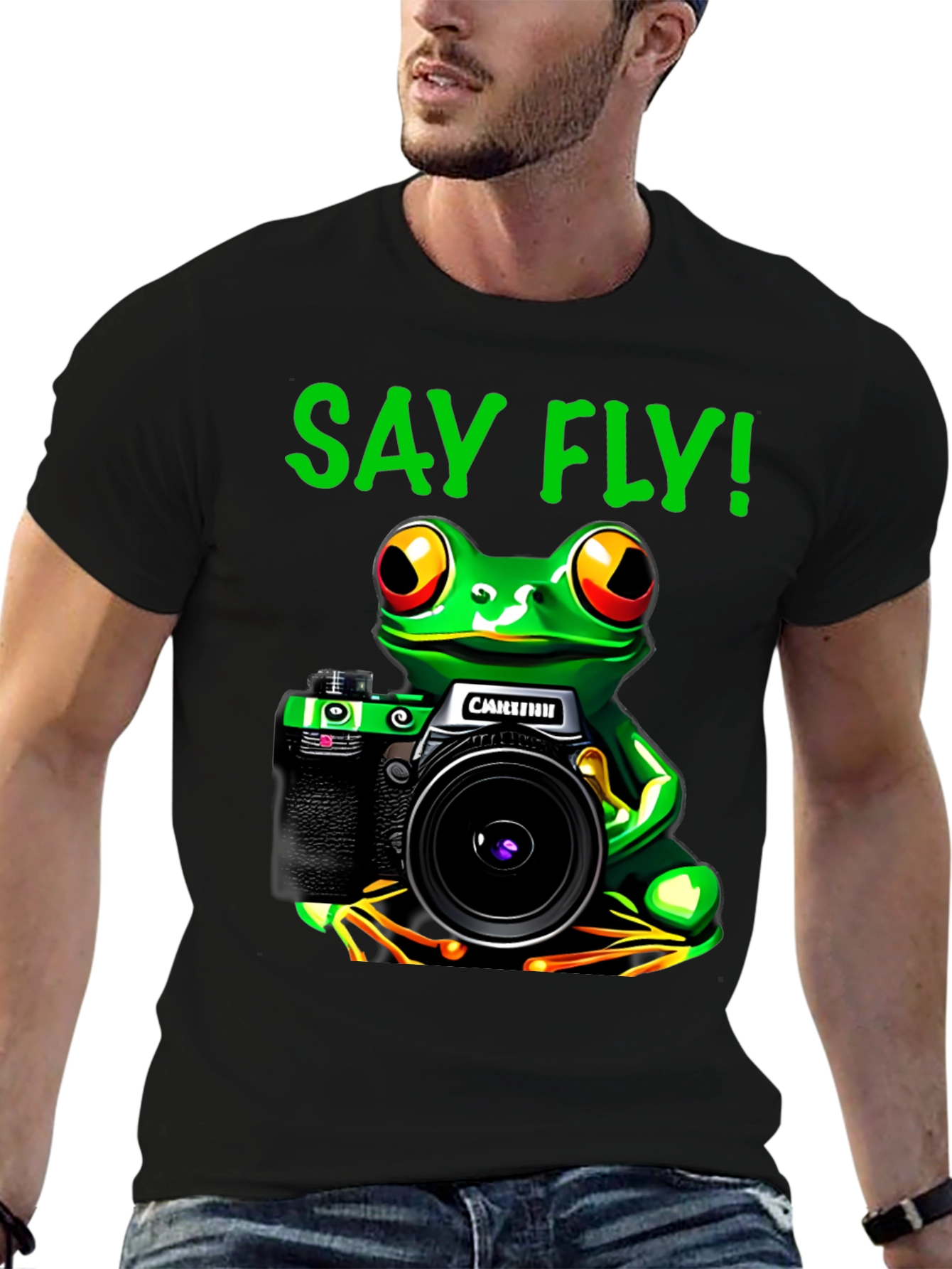 Black Frog Photographer T-Shirt - Say Fly! Black Cotton Tee view 6