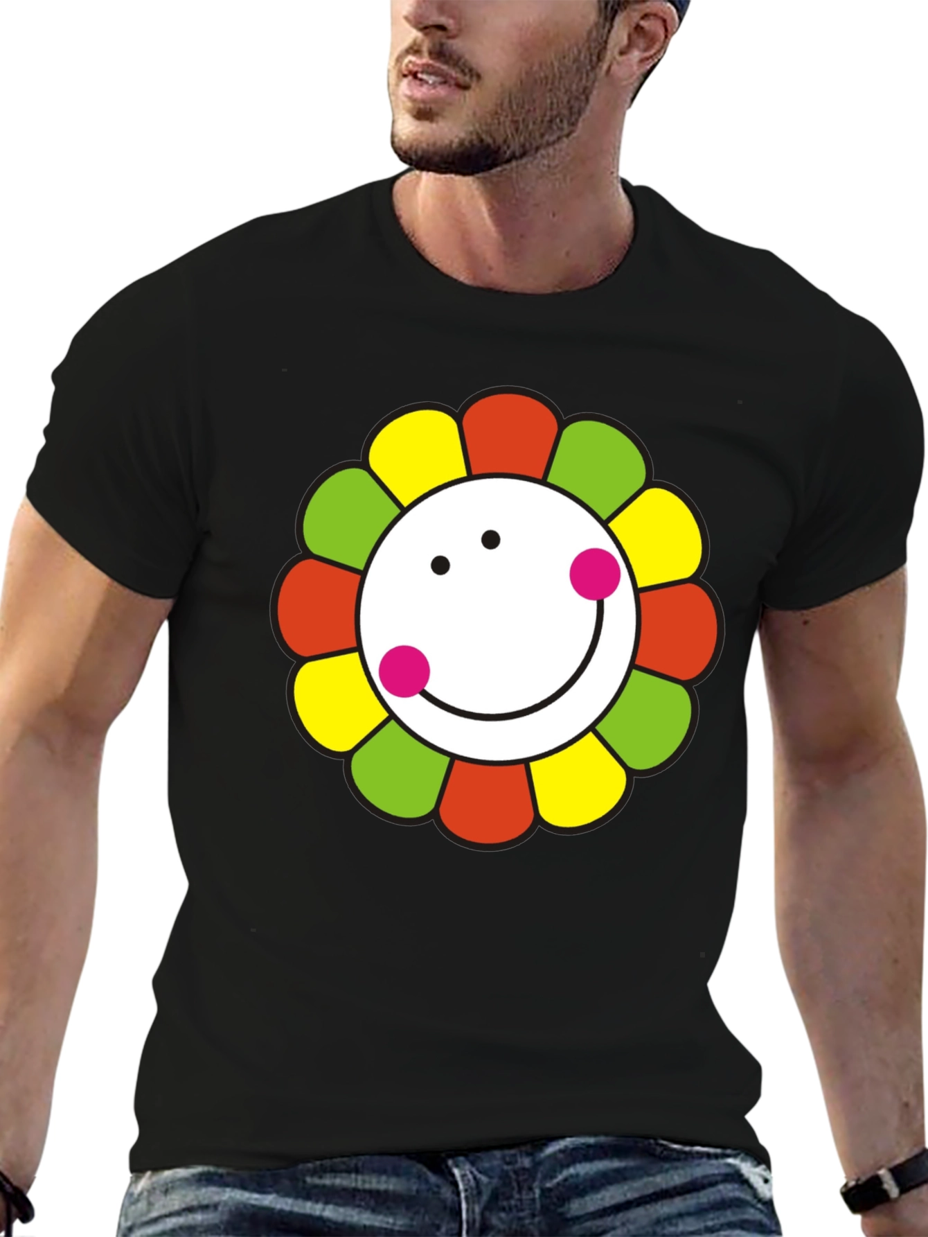 Black Smiley Flower Graphic T-Shirt - Black Cotton Tee view 6