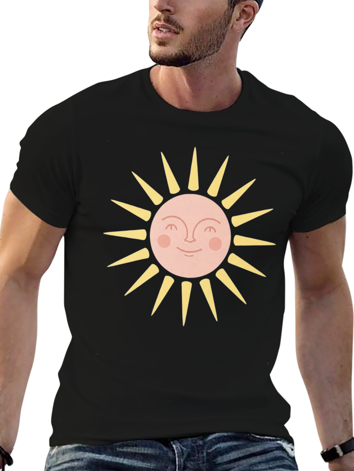 Black Smiling Sun Graphic Tee - Black Cotton Blend T-Shirt view 6