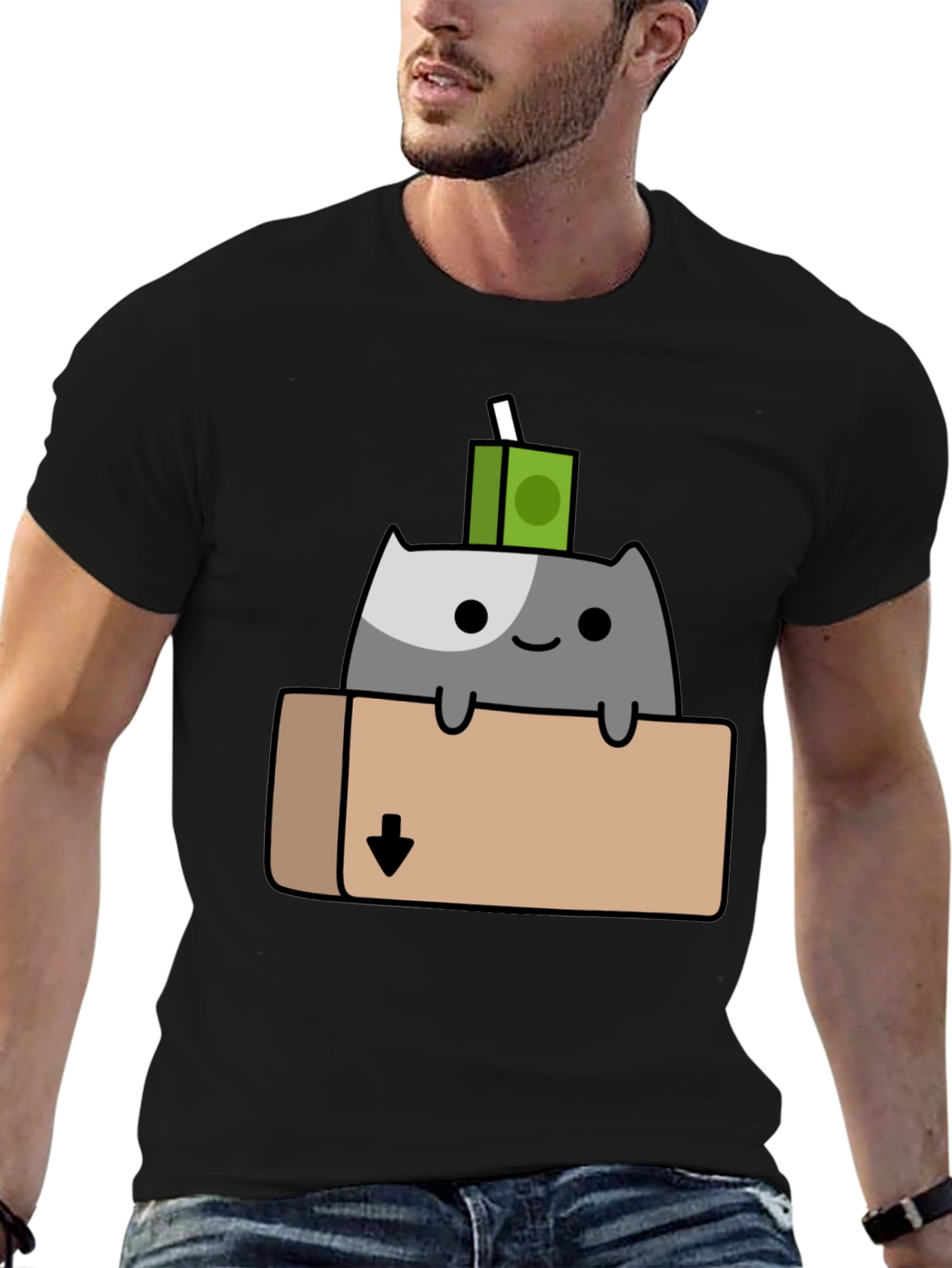 Black Cat in Box T-Shirt - Quirky Cartoon Design view 6