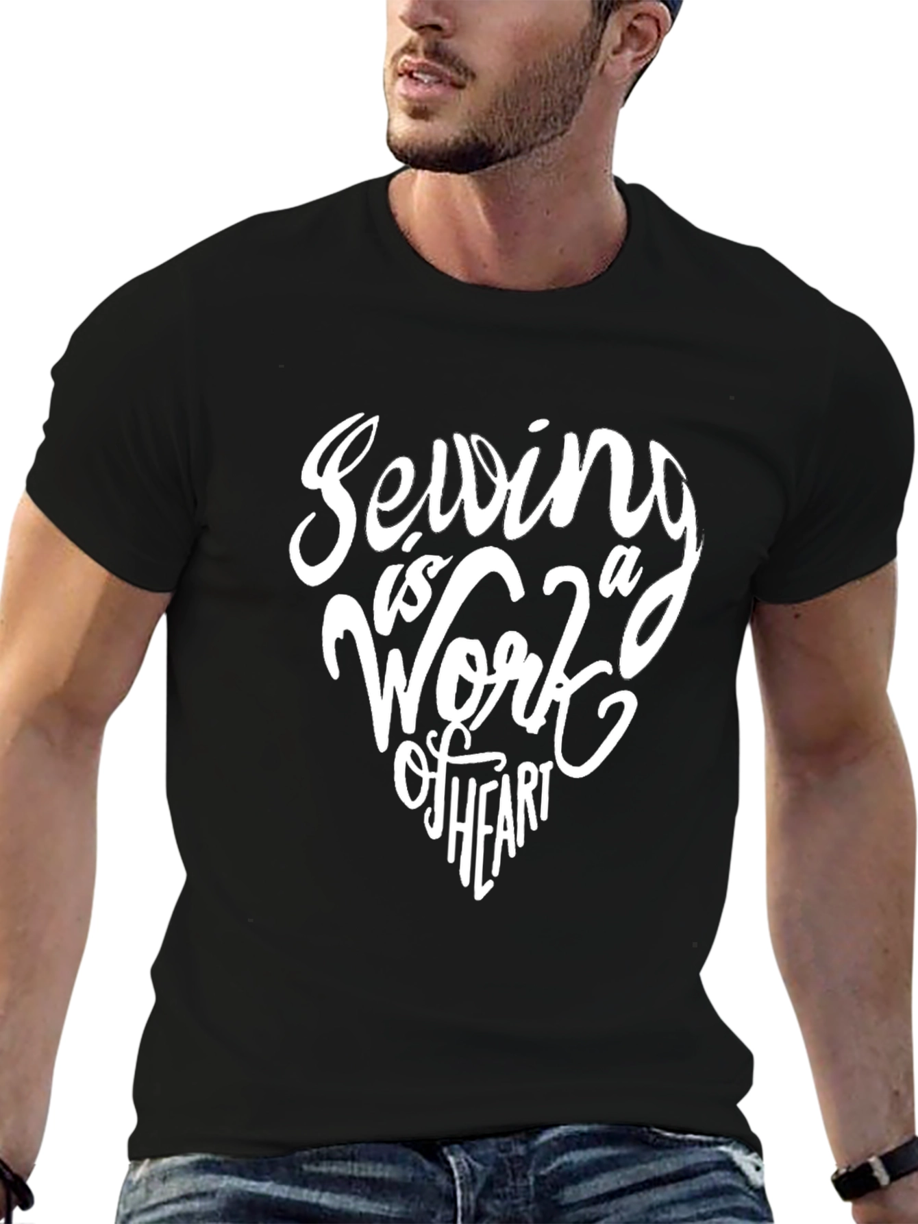 Black Sewing is a Work of Heart Graphic Tee - Black Unisex Shirt view 6