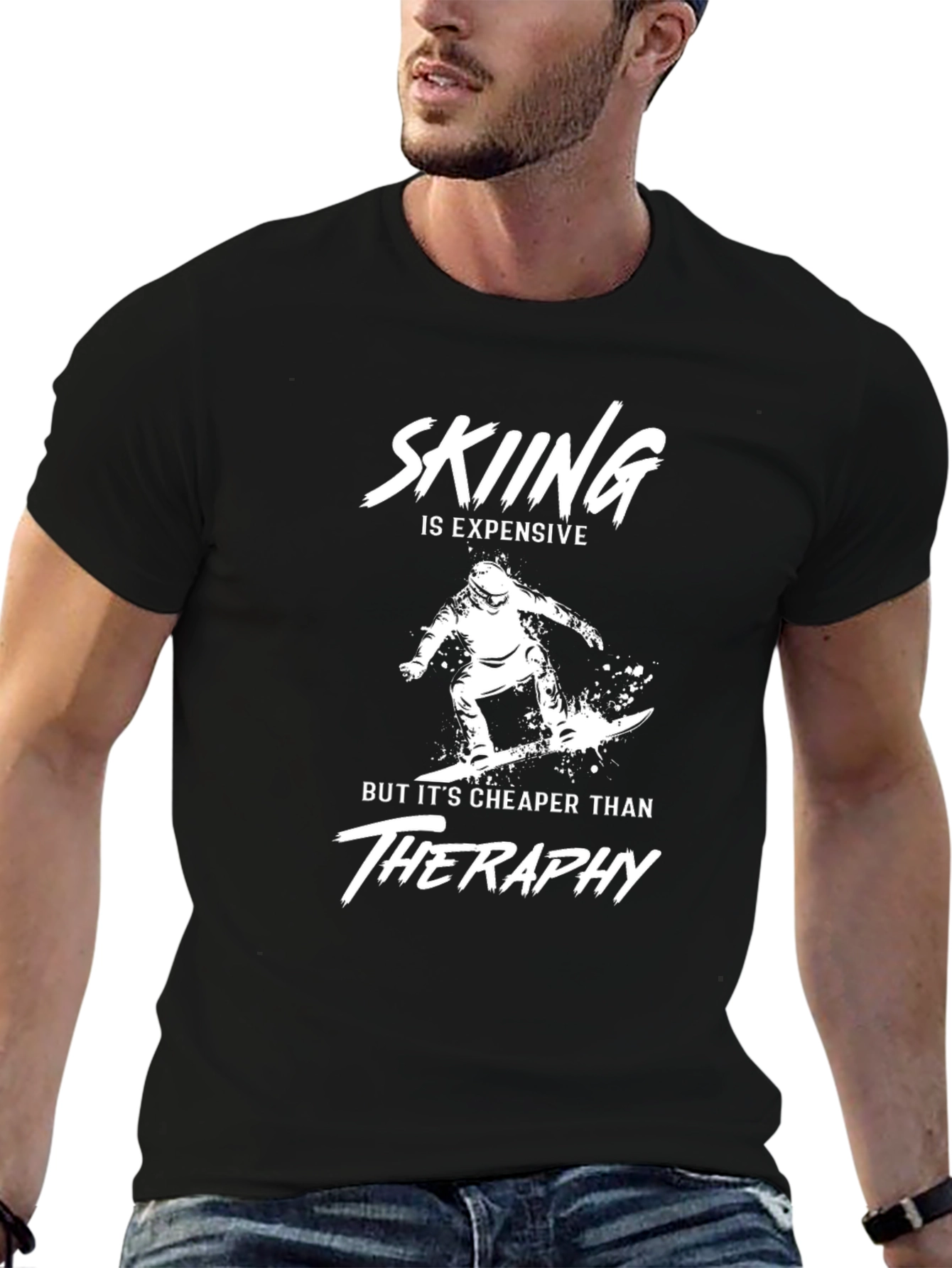 Black Skiing Cheaper Than Therapy Graphic Tee view 6