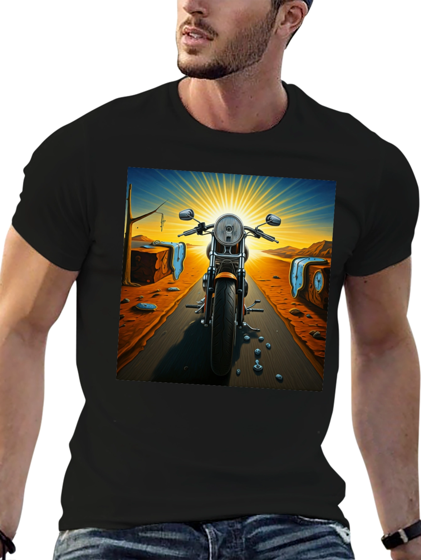 Black Surreal Motorcycle Ride T-Shirt view 6