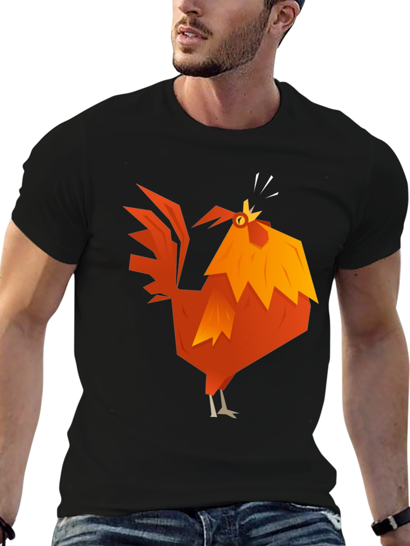 Black Geometric Rooster Graphic Tee - Black Cotton Blend view 6