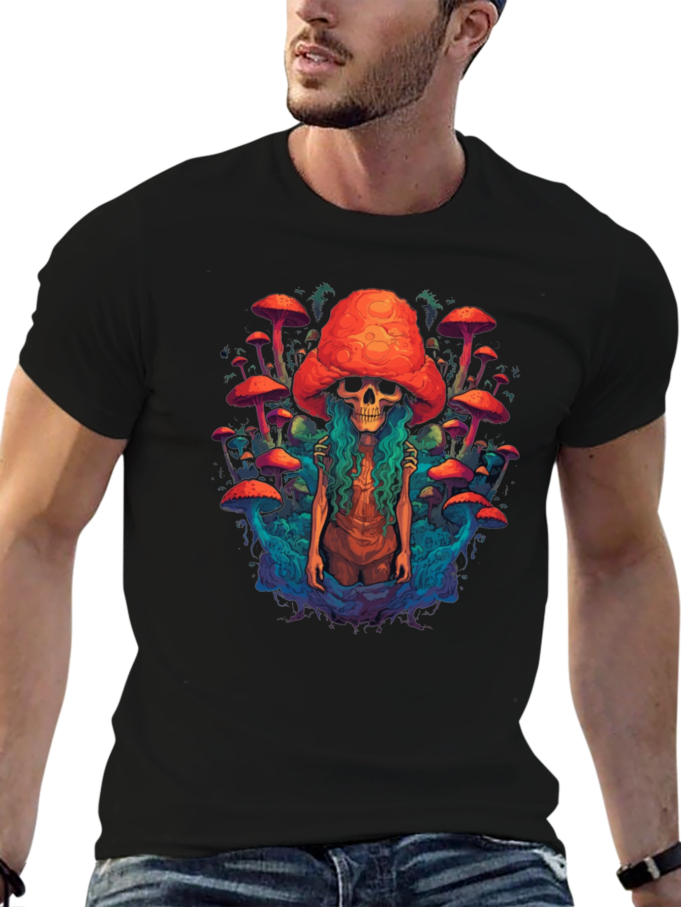 Black Mushroom Skull Graphic Tee - Unique Design view 6