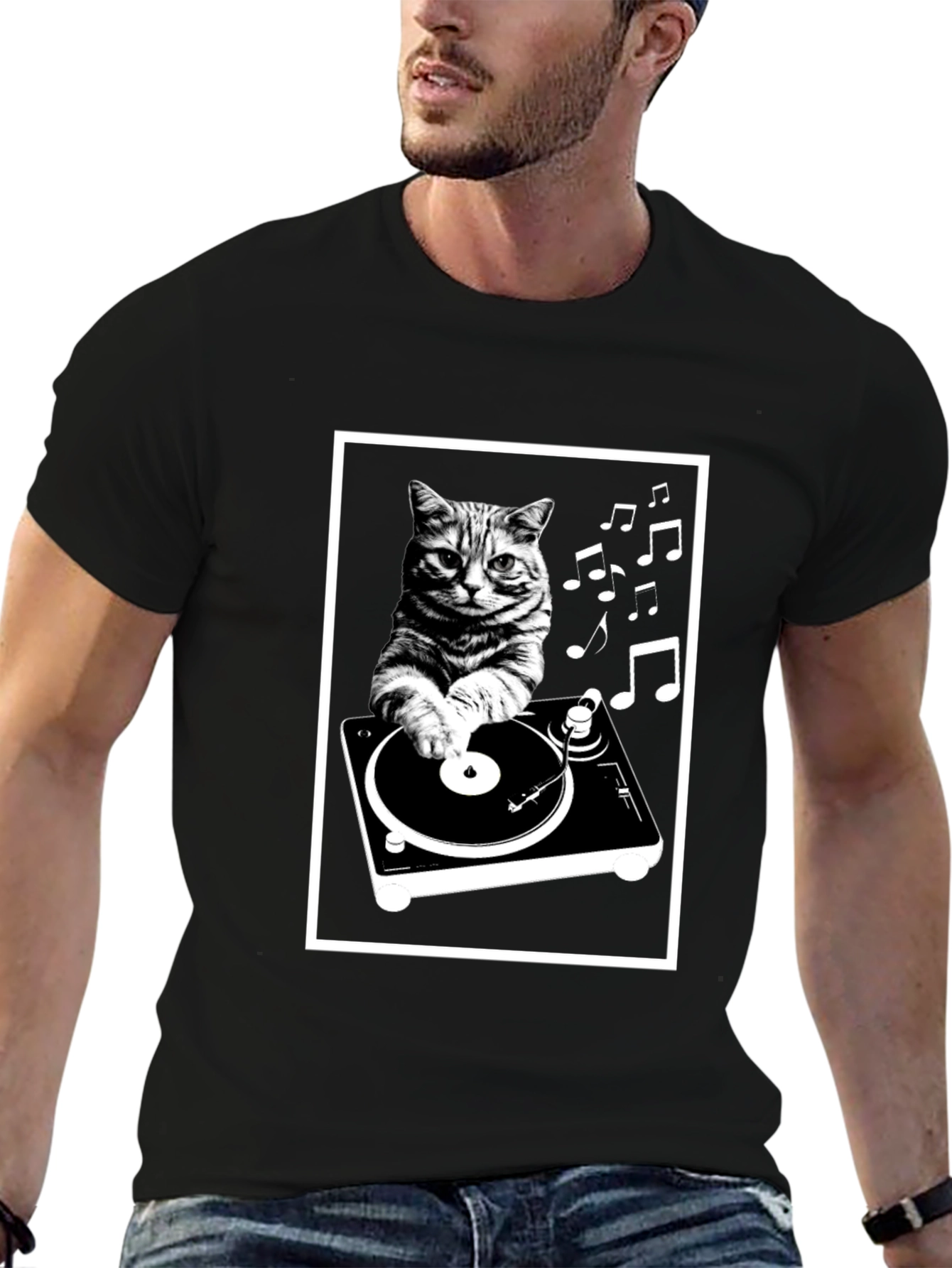 Black DJ Cat T-Shirt - Music Lover's Tee view 6