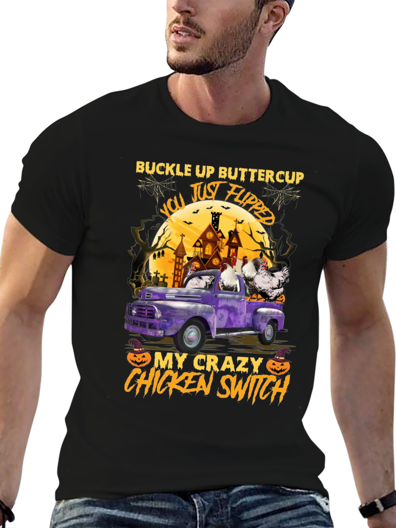 Black Crazy Chicken Switch Halloween T-Shirt view 6