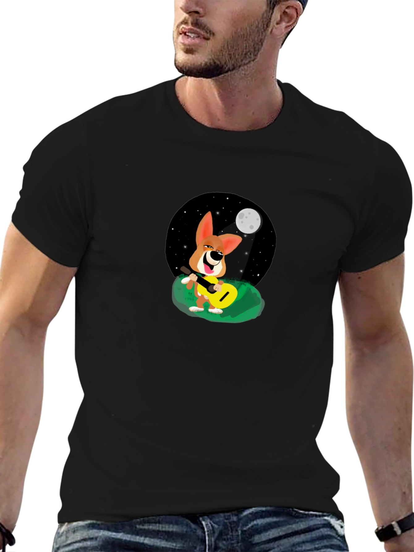 Black Dog Playing Guitar Under Moonlight T-Shirt view 6
