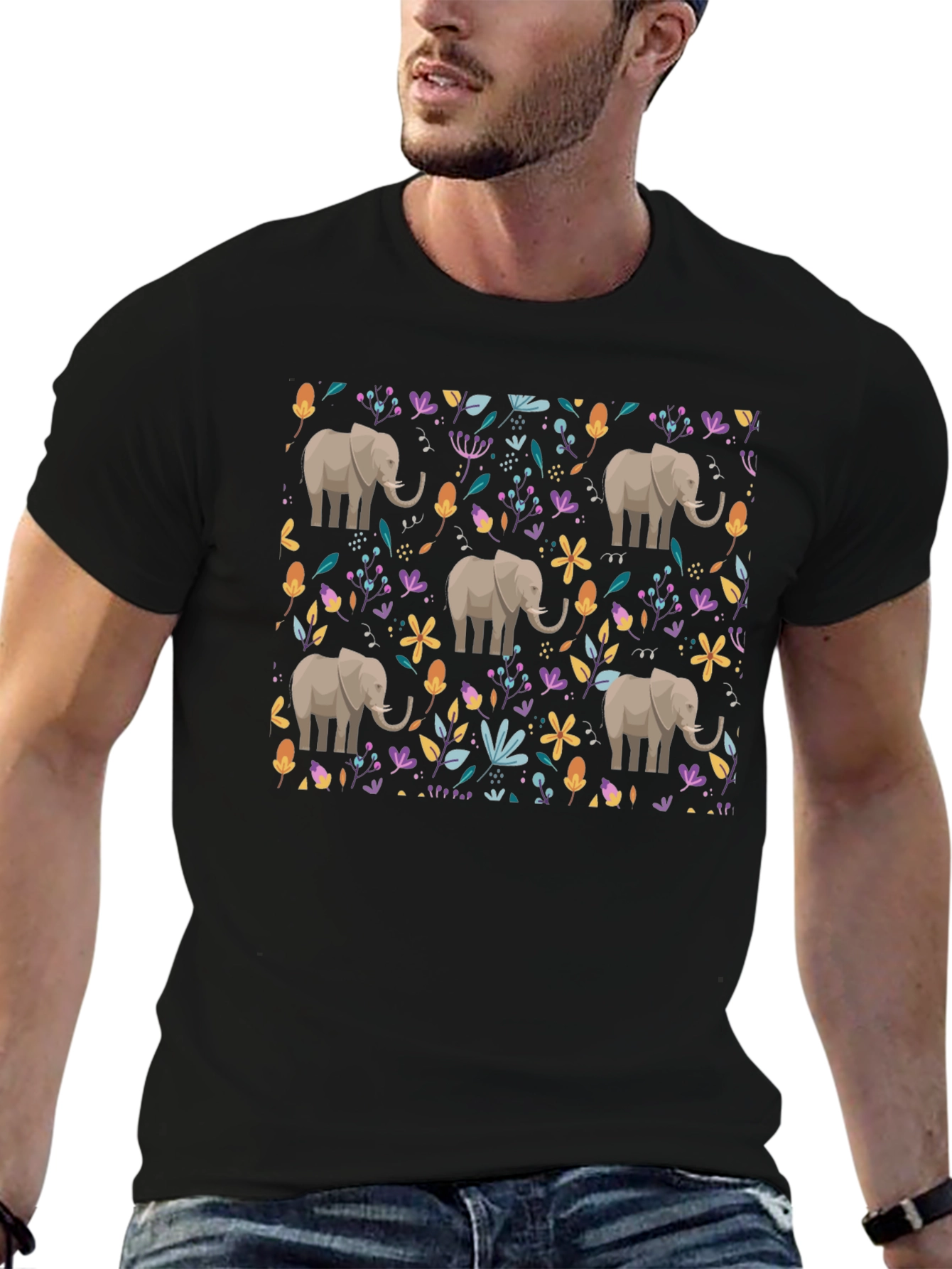 Black Elephant Floral Print Black T-Shirt view 6