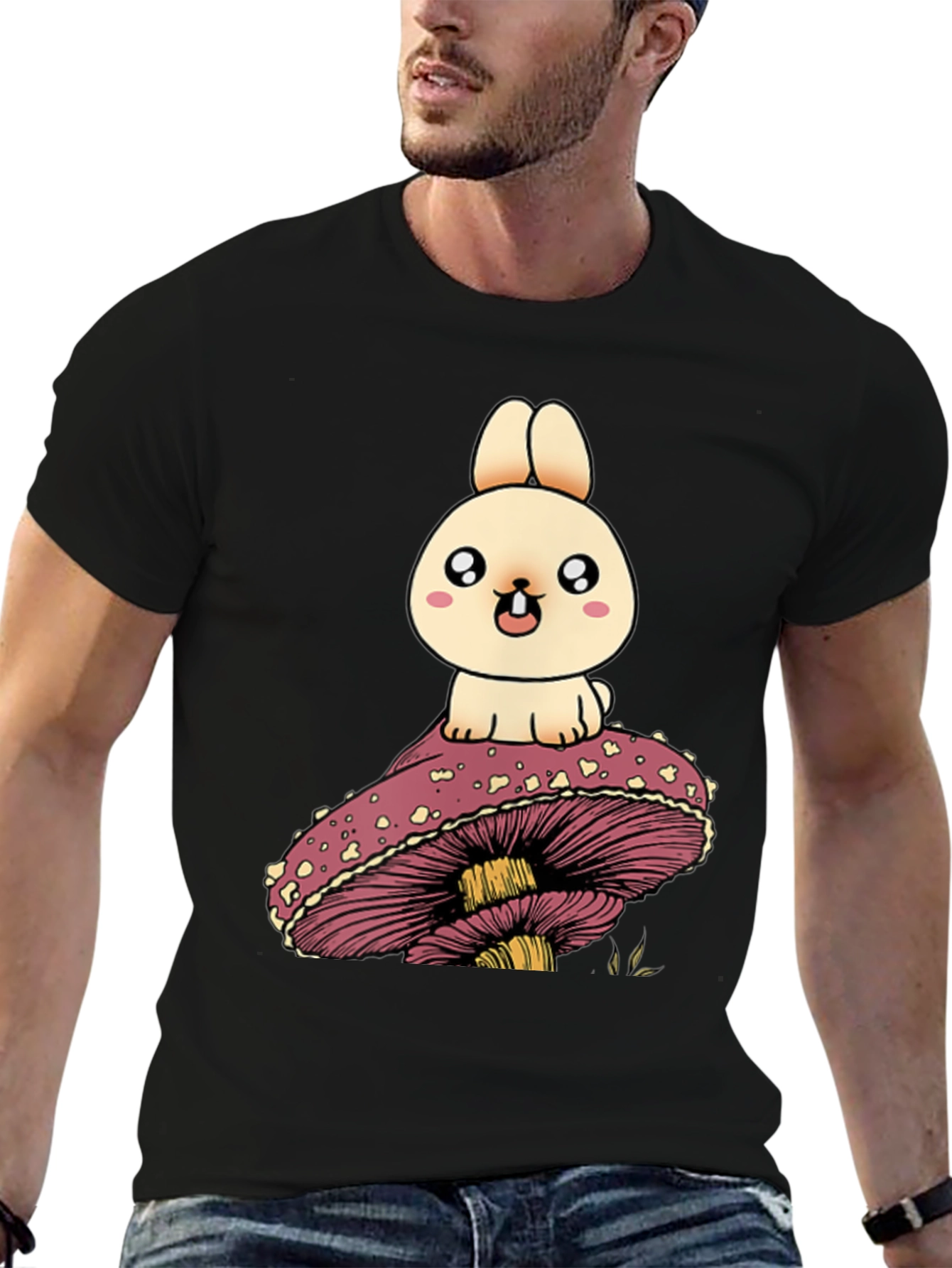 Black Cute Bunny on Mushroom Graphic T-Shirt view 6