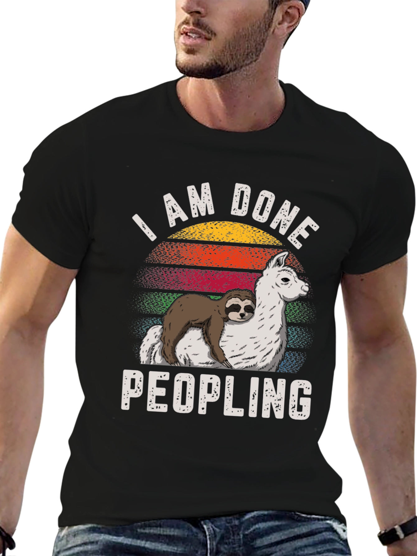 Black I AM DONE Peopling Sloth Llama T-shirt view 6