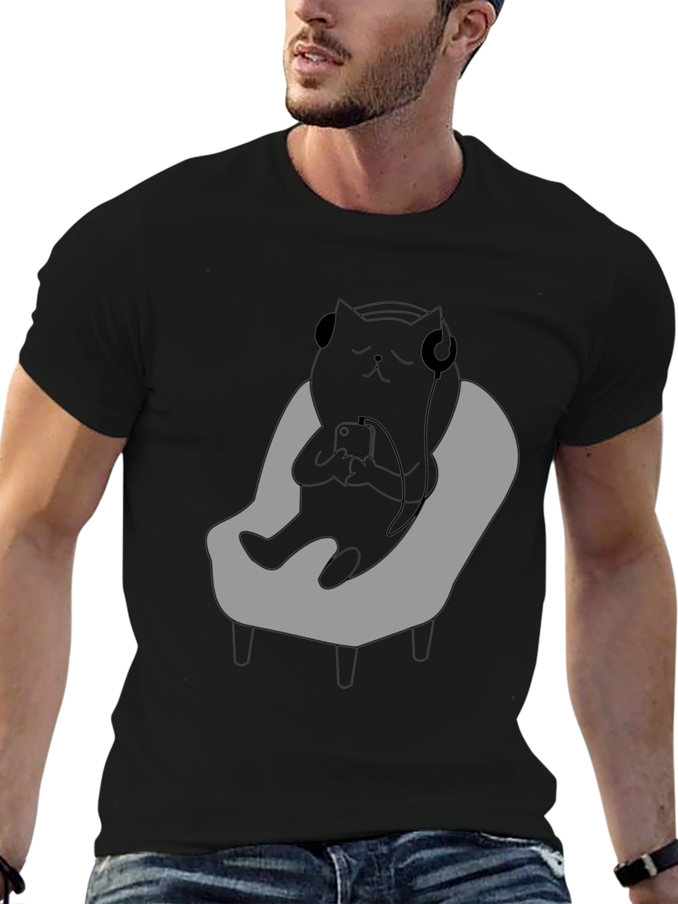 Black Chill Cat T-Shirt - Relaxed Black Cat with Headphones view 6