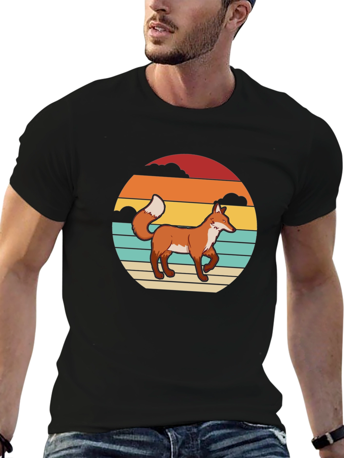 Black Retro Fox Graphic Tee - Sunset Design view 6