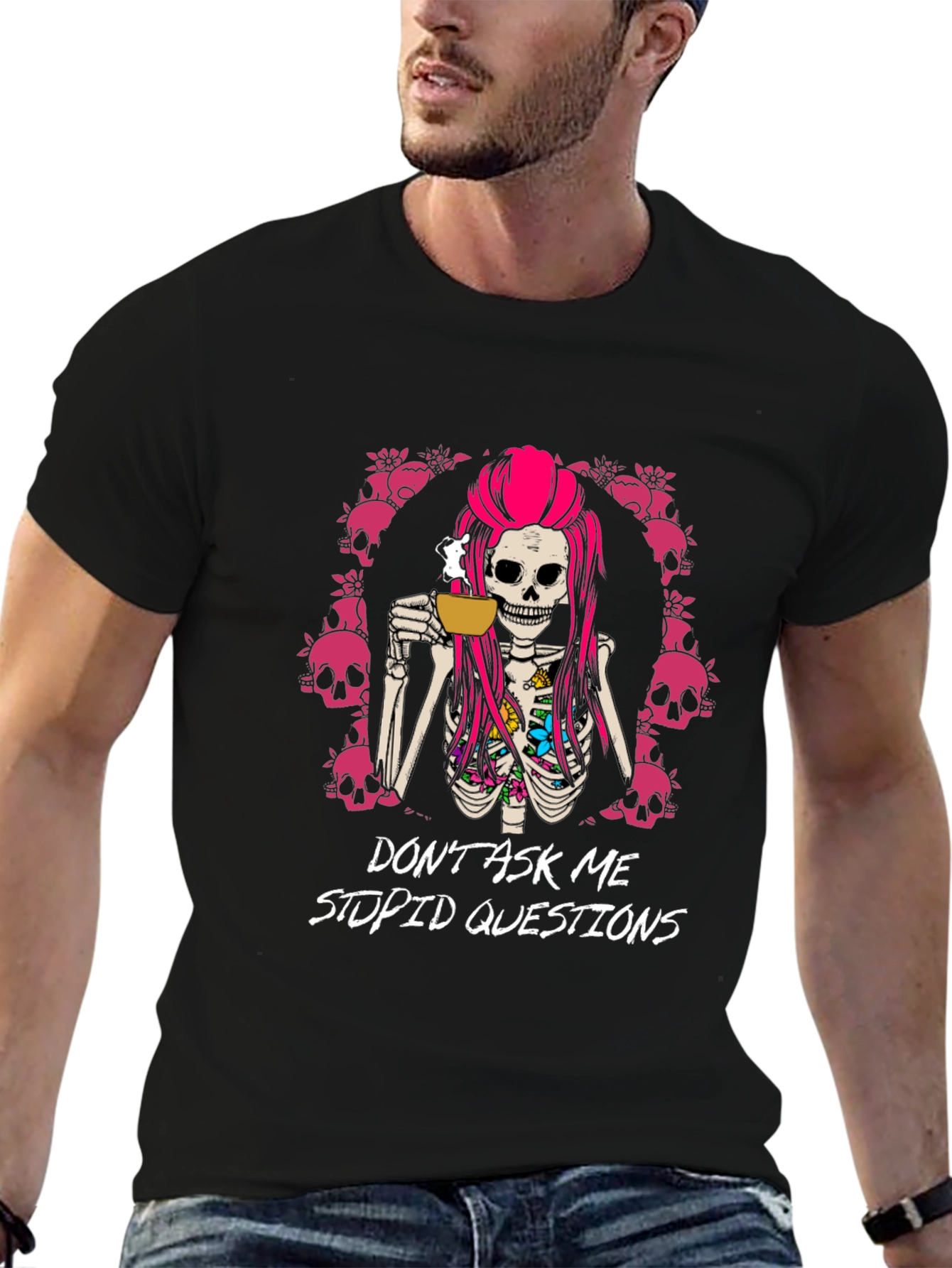 Black Sarcastic Skeleton T-Shirt: Don't Ask Me Stupid Questions view 6
