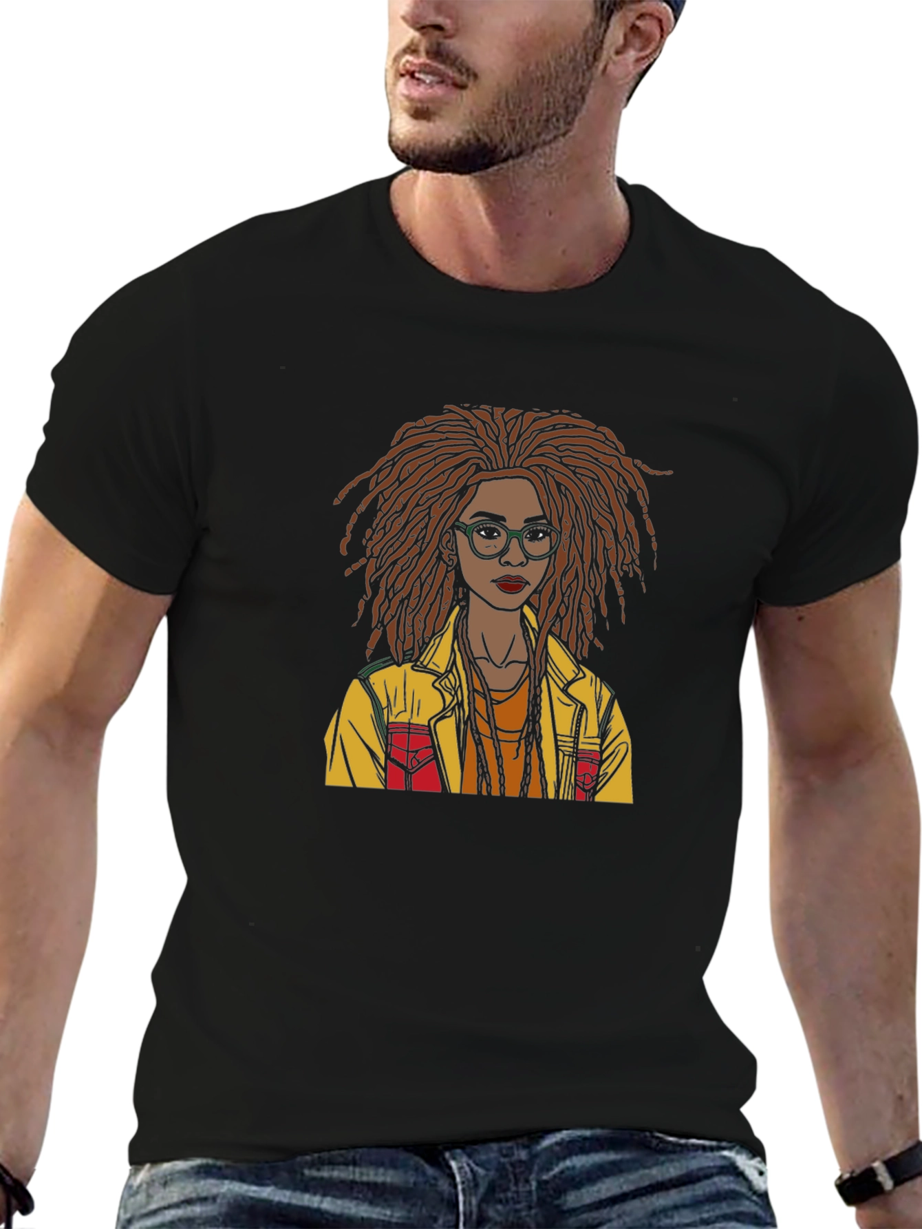 Black Stylish Graphic T-Shirt - Woman with Dreadlocks Art view 6