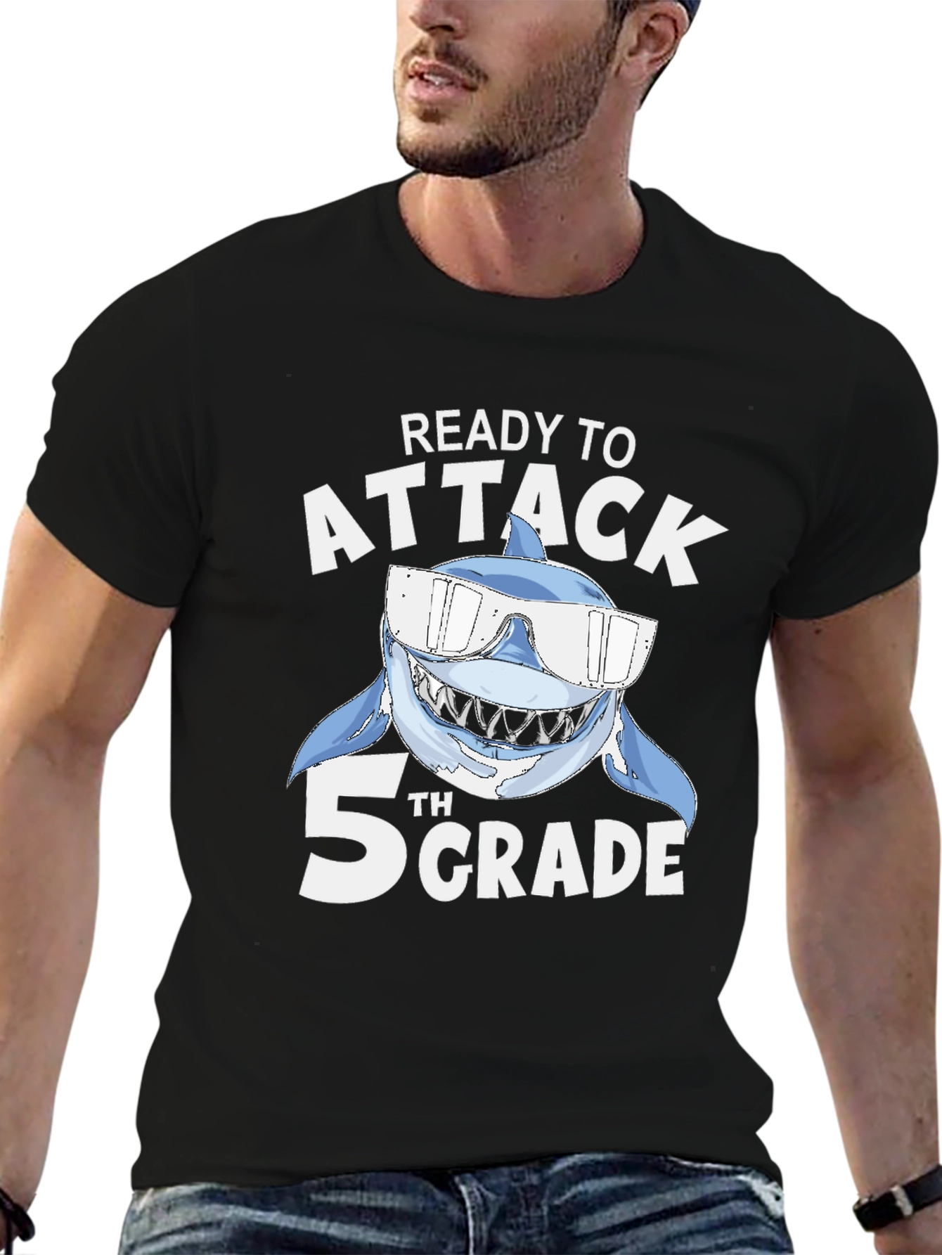 Black Ready to Attack 5th Grade Shark T-Shirt view 6