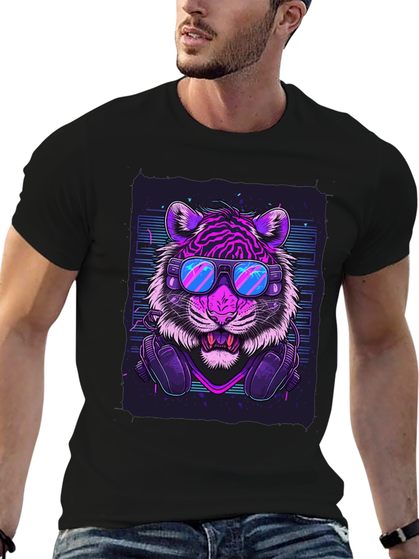 Black Neon Tiger Graphic Tee - Cool Animal Print T-Shirt view 6