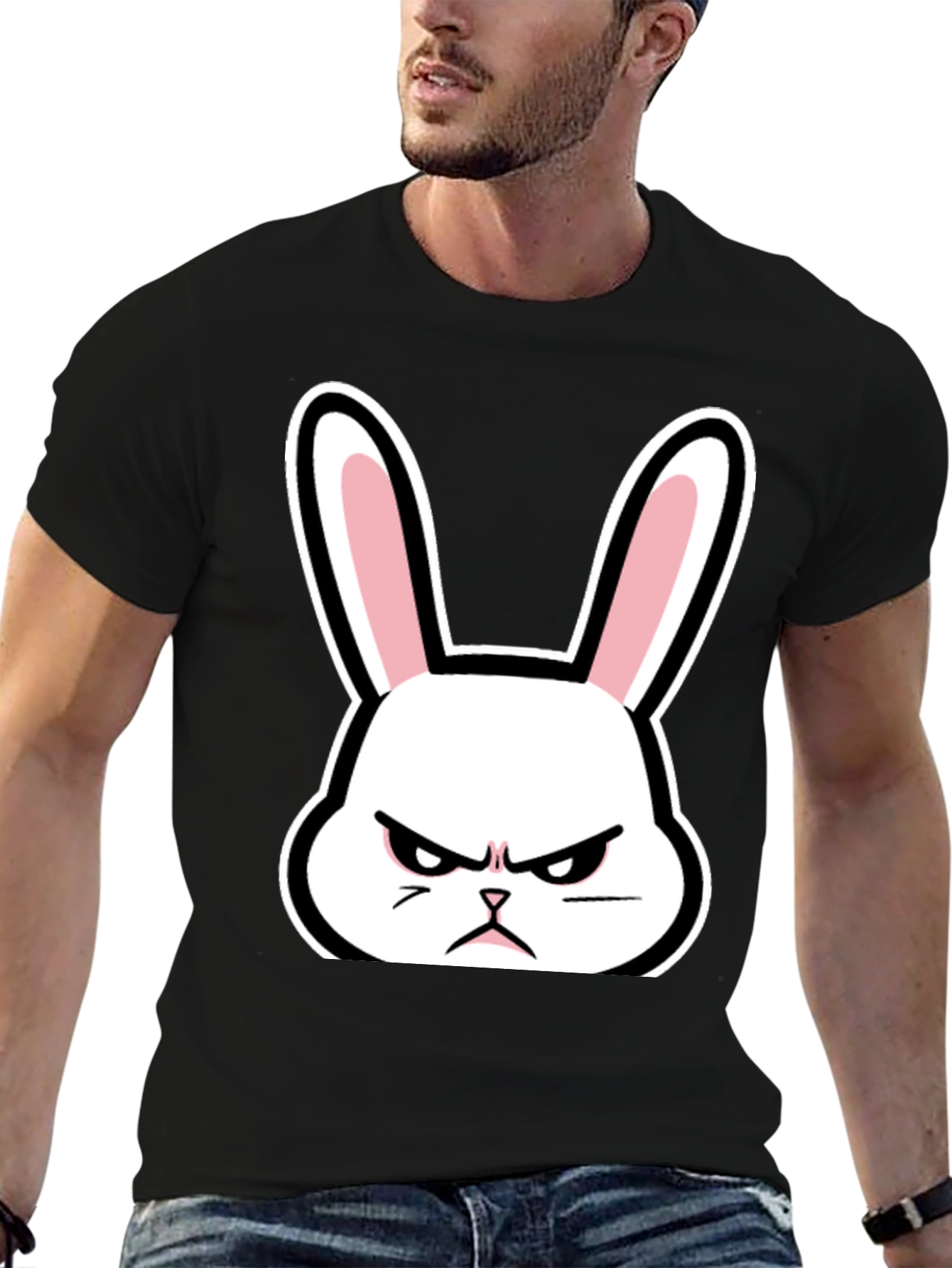 Black Grumpy Bunny T-Shirt - Black Cotton Angry Rabbit Tee view 6