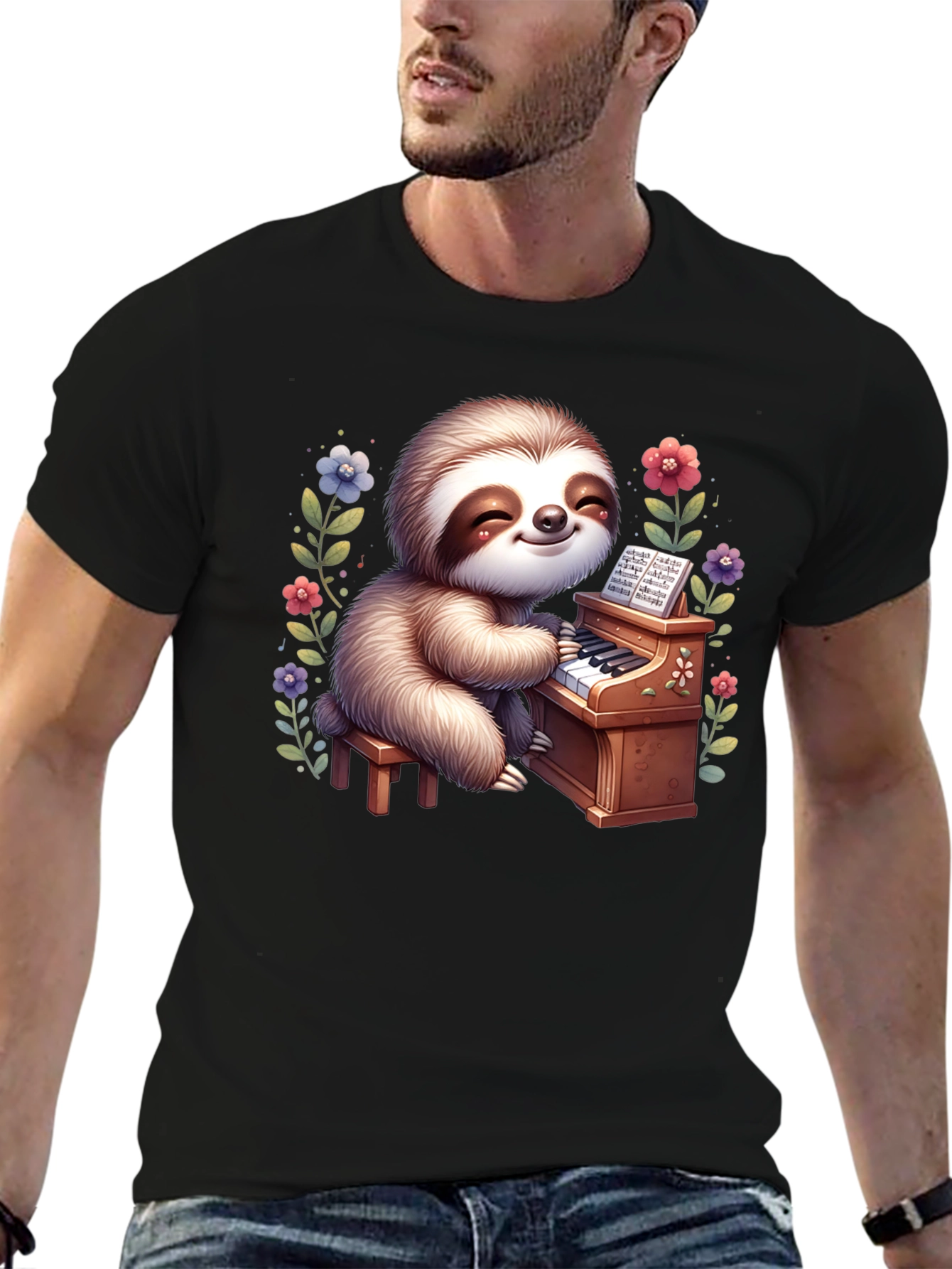 Black Sloth Pianist Graphic Tee - Cute & Unique! view 6