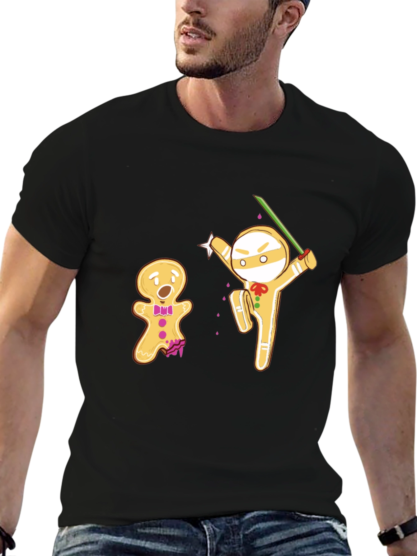 Black Gingerbread Ninja Funny Black T-Shirt view 6